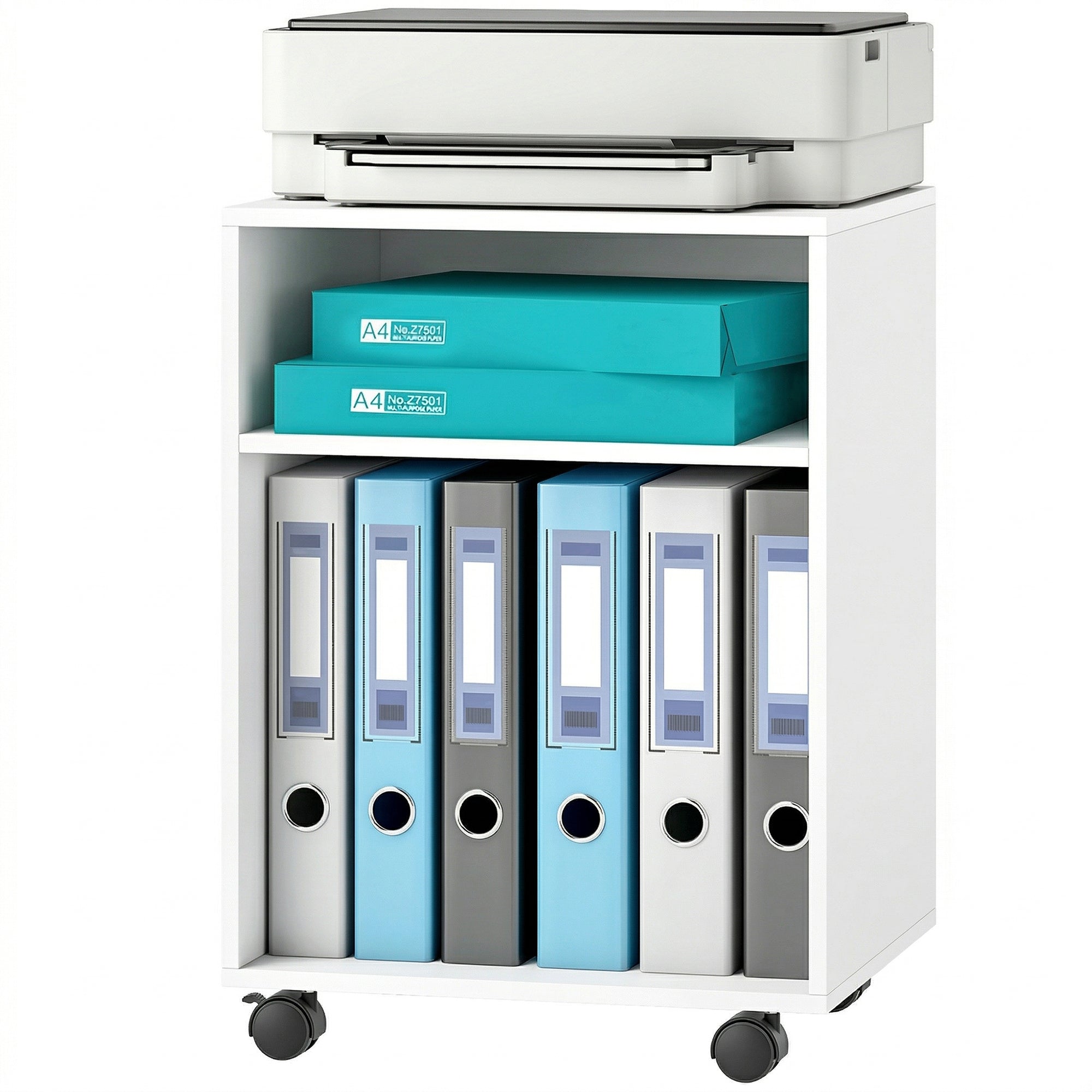 Printer Stand with 2 Open Shelves & Locking Wheels — Desk Organizer for Printer, Fax, Scanner — 15.7 x 13.8 x 22.0 in, White