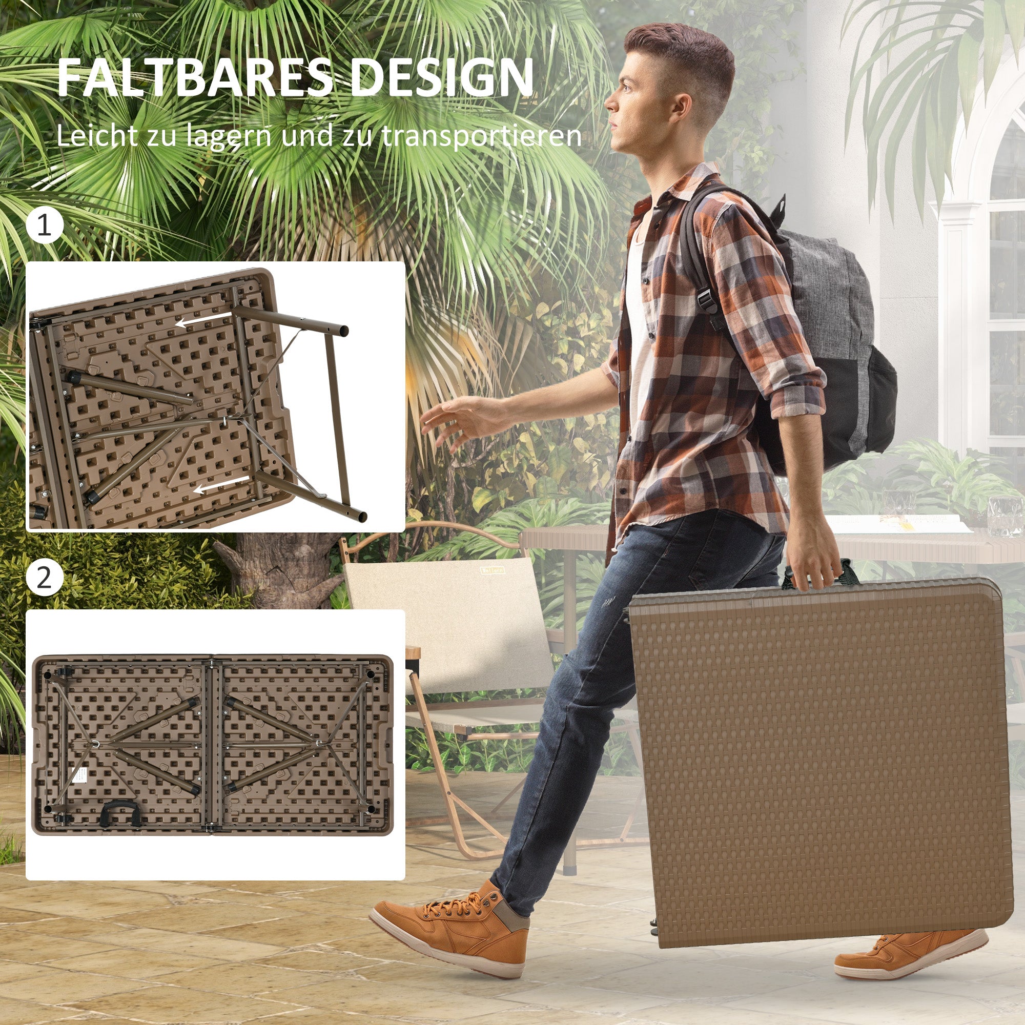 Camping Table Folding Table with Rattan Look, Buffet Table for 4 People, Garden Table for Balcony, Terrace, Holds up to 50 kg, HDPE, Brown, 122 x 60 x 73 cm