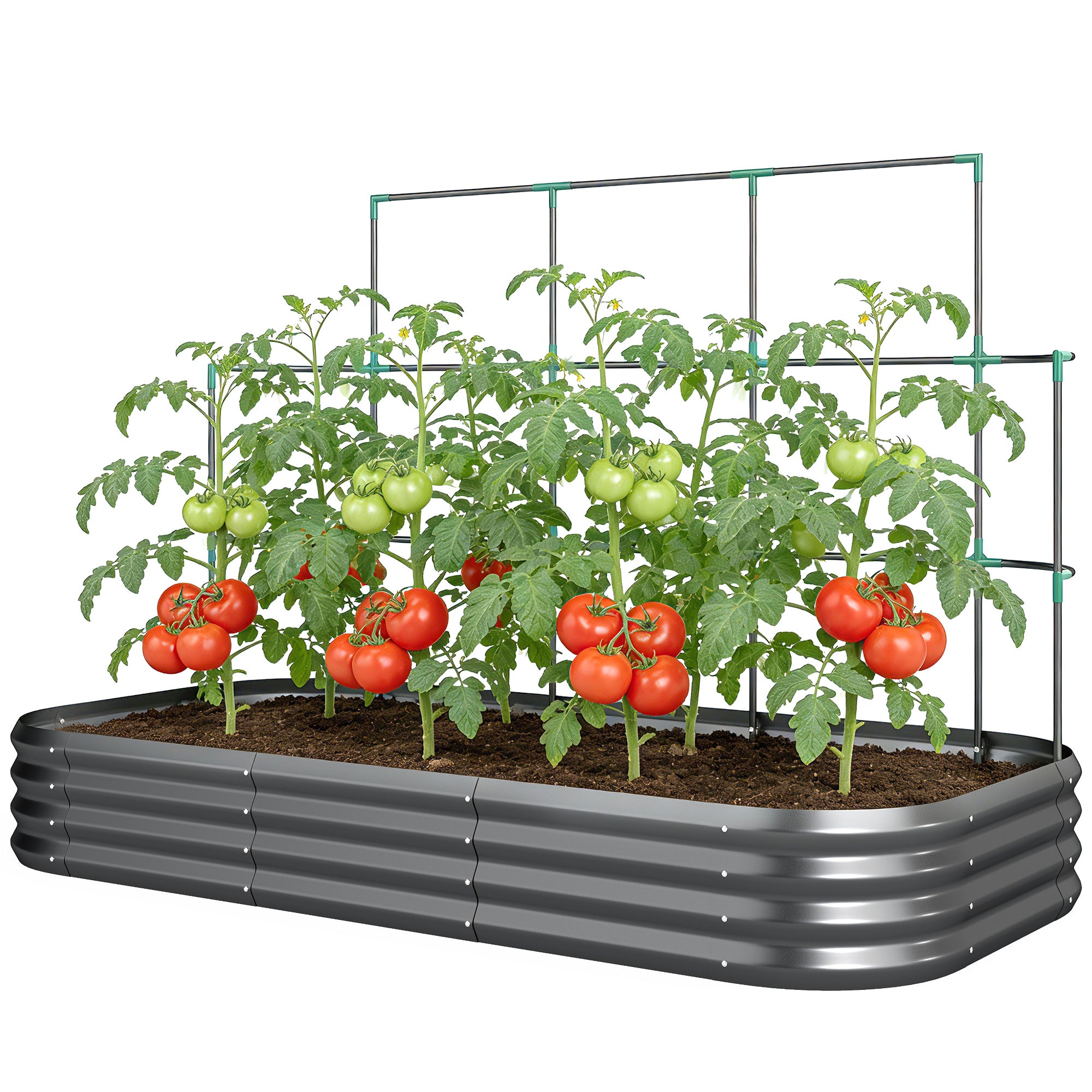 Raised Garden Bed with Trellis, Galvanized Metal Planter with Protective Edge & Gloves for Herbs, Vegetables, Flowers — 86.6 x 43.3 x 59.1 in (220 x 110 x 150 cm), Dark Gray