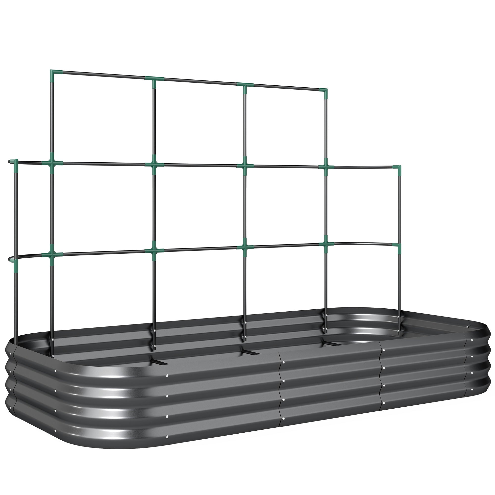 Raised Garden Bed with Trellis, Galvanized Metal Planter with Protective Edge & Gloves for Herbs, Vegetables, Flowers — 86.6 x 43.3 x 59.1 in (220 x 110 x 150 cm), Dark Gray