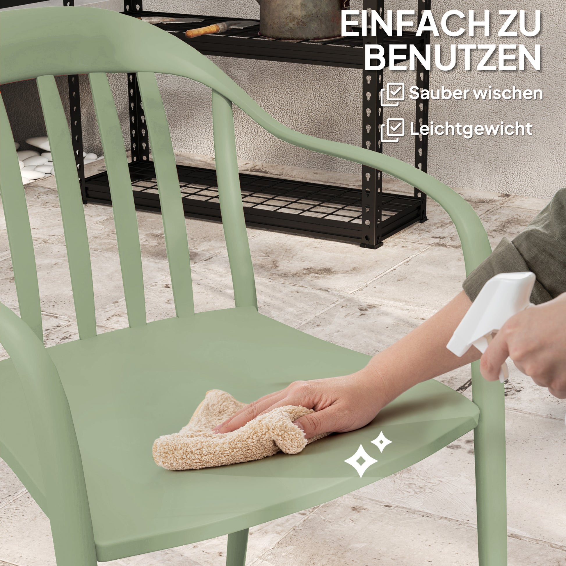 Garden Chair 4-Piece Set Weatherproof Plastic Garden Chairs Stackable Chair with Armrest Backrest Stackable Patio Chair up to 120kg Load-bearing Garden Furniture for Backyard, Garden, Balcony Green