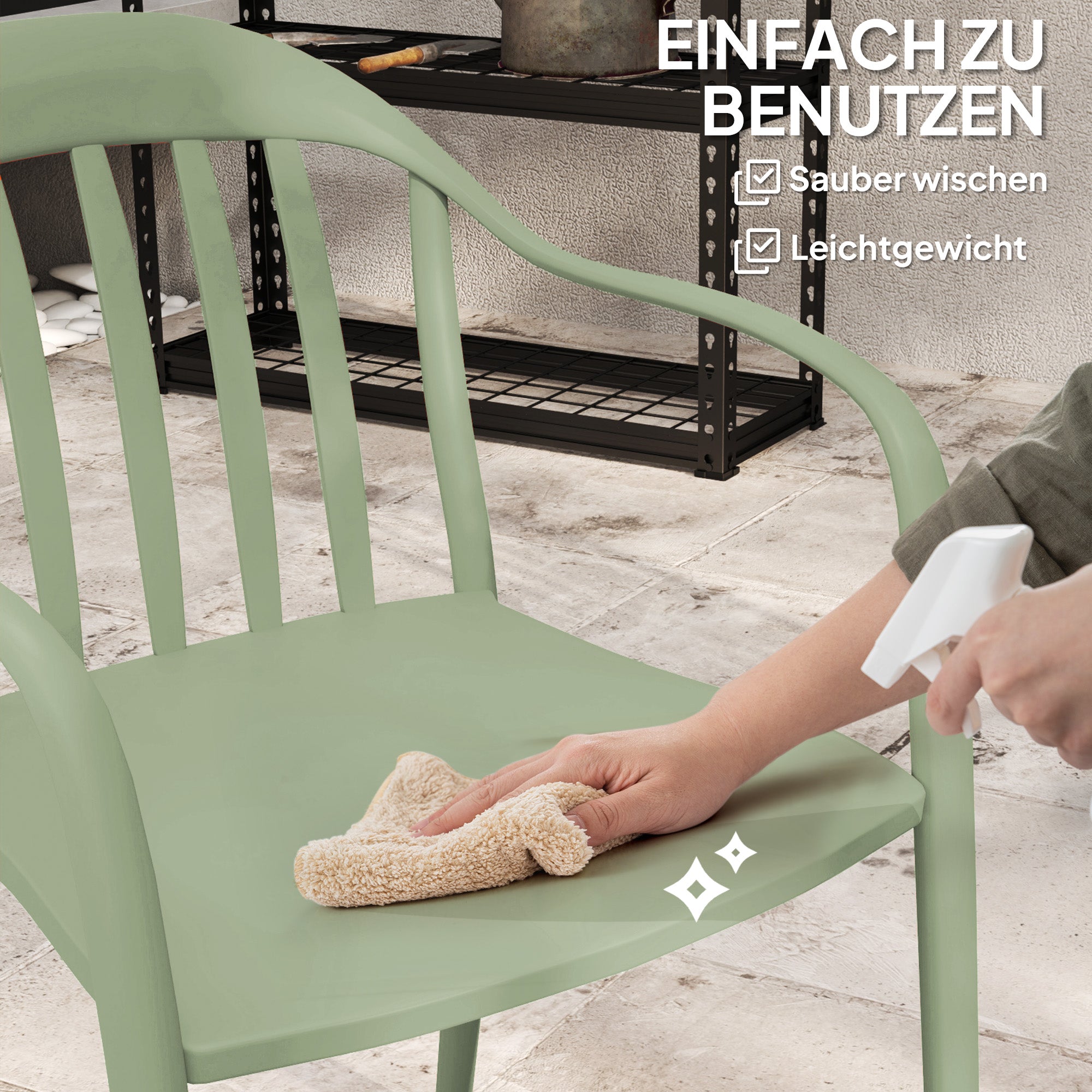 Garden Chair 4-Piece Set Weatherproof Plastic Garden Chairs Stackable Chair with Armrest Backrest Stackable Patio Chair up to 120kg Load-bearing Garden Furniture for Backyard, Garden, Balcony Green