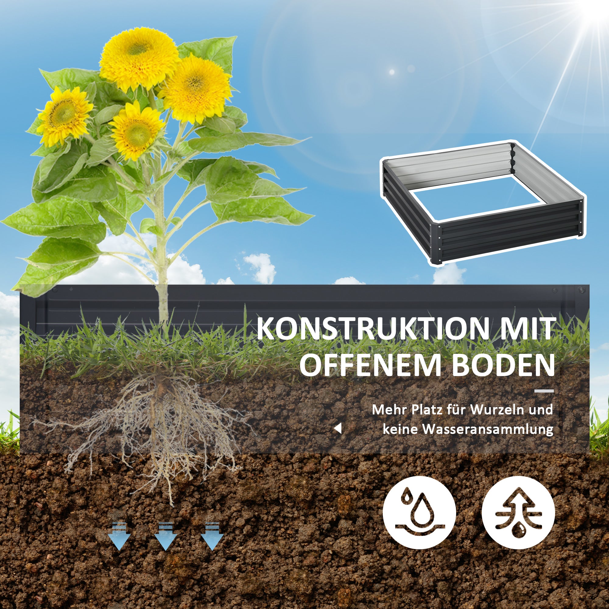 Raised Garden Bed, Planter Box, Vegetable Bed, Plant Box, Herb Bed for Garden, Patio, Balcony, Steel, Gray, 120 x 120 x 30 cm