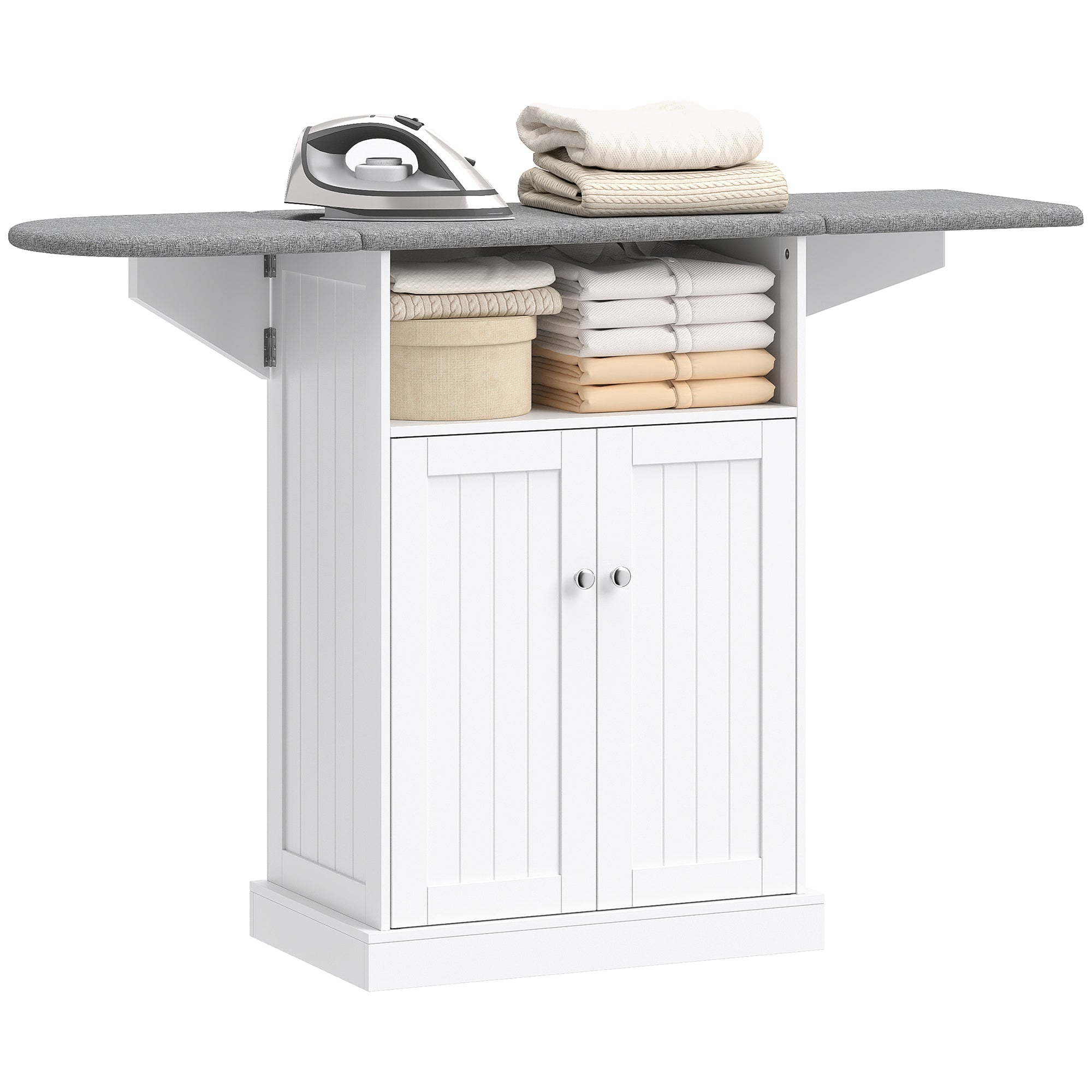 Rolling Ironing Cabinet with Foldable Ironing Board, Open Compartment & Adjustable Shelf — White, 131 x 37 x 89.5 cm