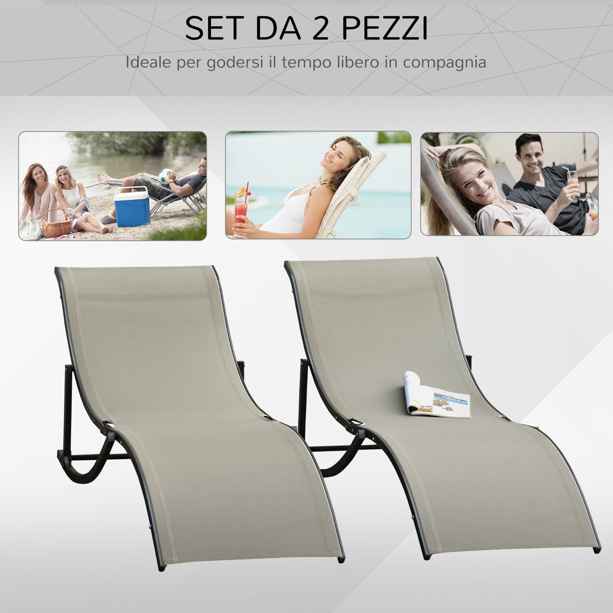 Set of 2 Folding Garden Sun Loungers, Aluminum and Texteline Sunbed, Khaki, 61x165x63cm