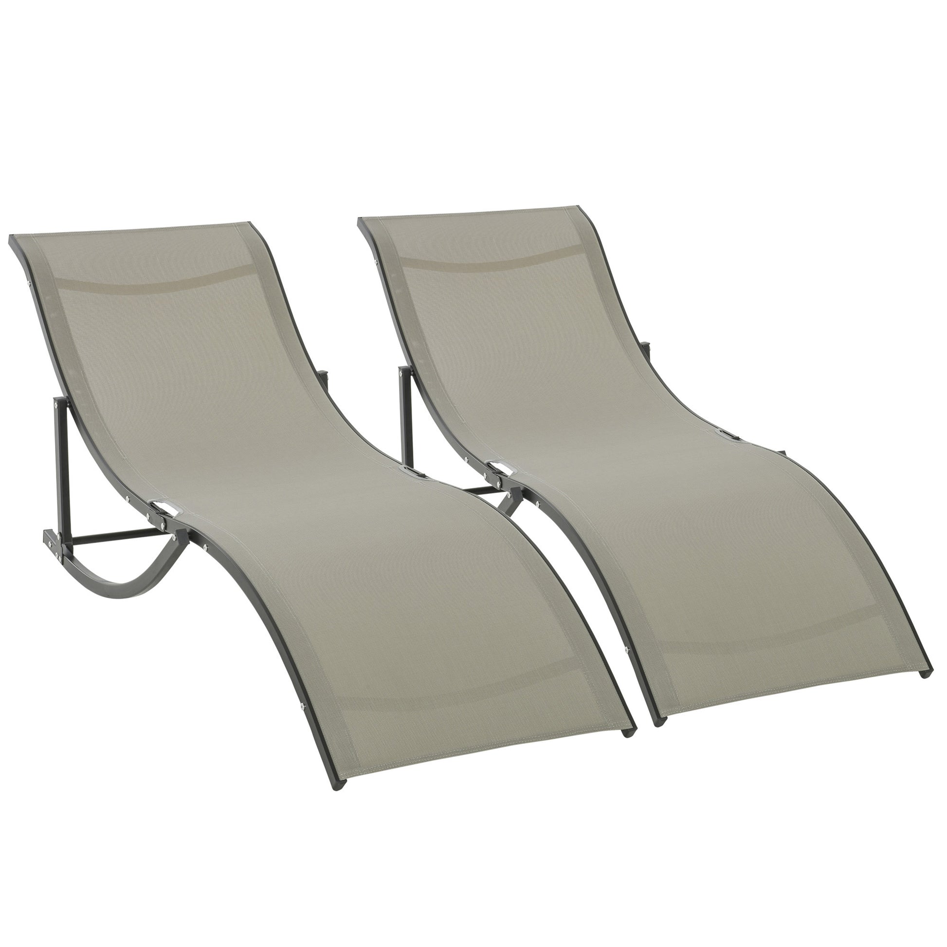 Set of 2 Folding Garden Sun Loungers, Aluminum and Texteline Sunbed, Khaki, 61x165x63cm
