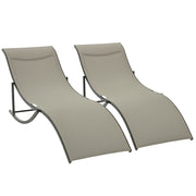 Set of 2 Folding Garden Sun Loungers, Aluminum and Texteline Sunbed, Khaki, 61x165x63cm