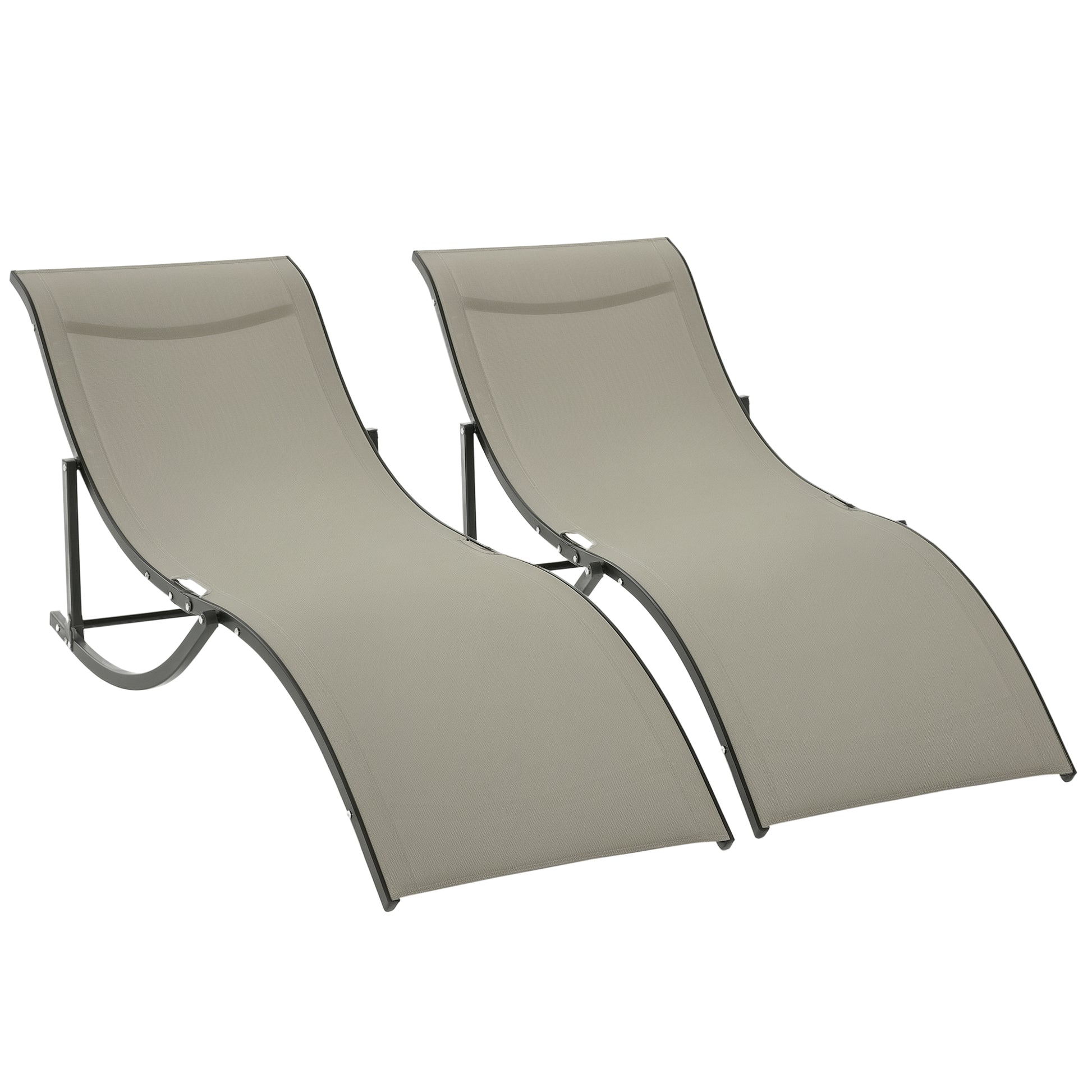 Set of 2 Folding Garden Sun Loungers, Aluminum and Texteline Sunbed, Khaki, 61x165x63cm