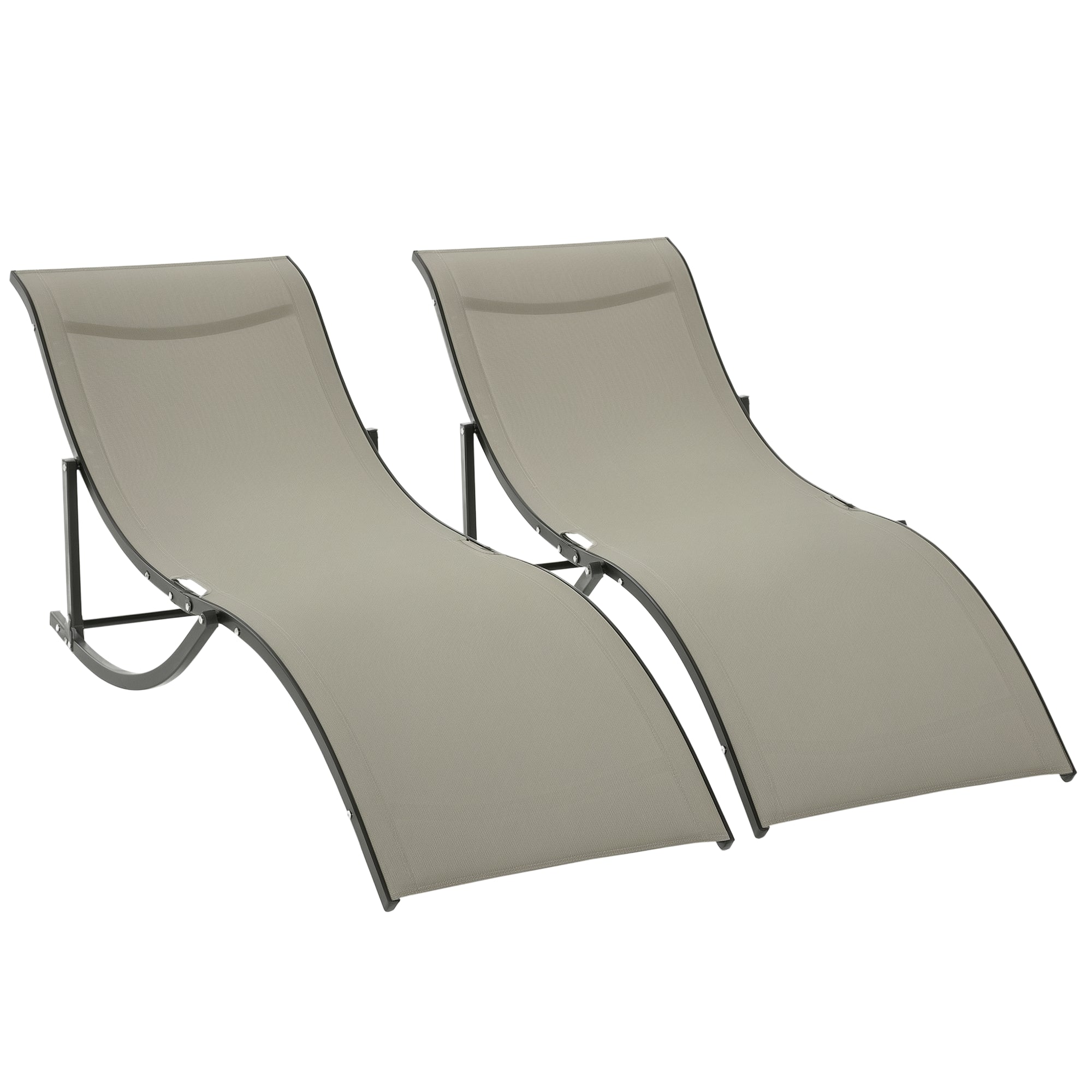 Set of 2 Folding Garden Sun Loungers, Aluminum and Texteline Sunbed, Khaki, 61x165x63cm