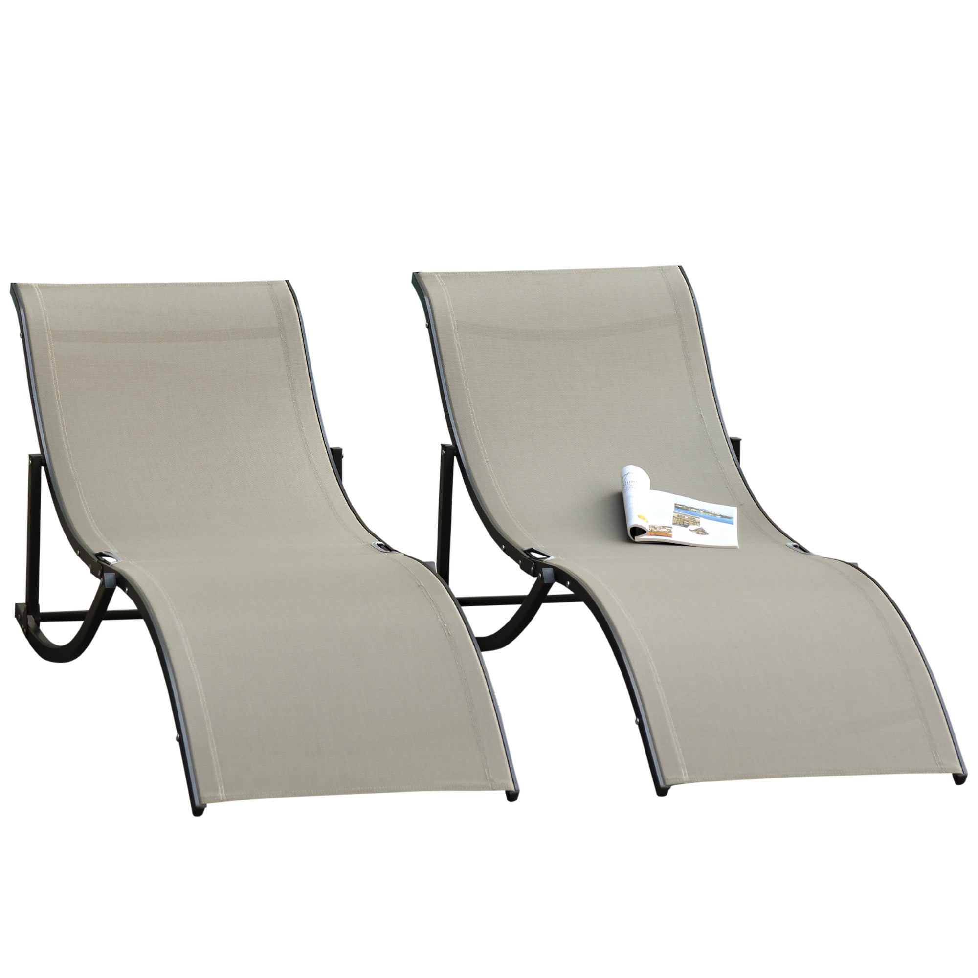 Set of 2 Folding Garden Sun Loungers, Aluminum and Texteline Sunbed, Khaki, 61x165x63cm