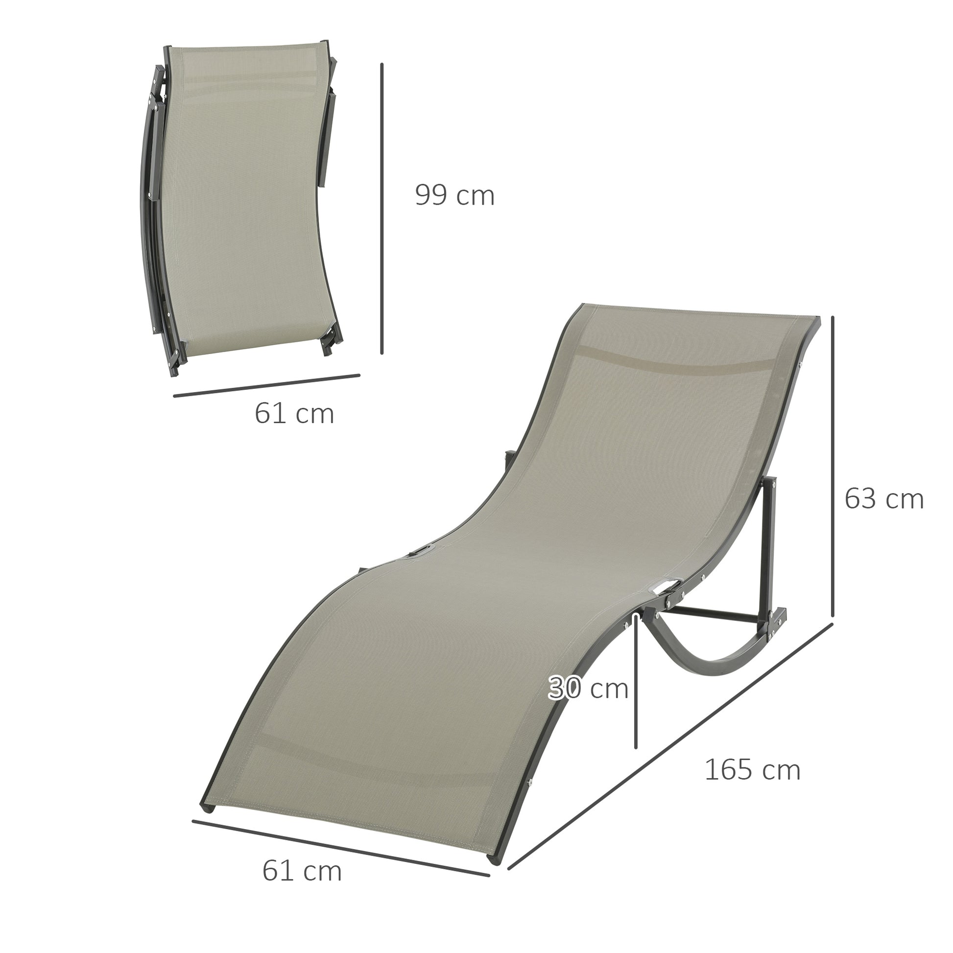 Set of 2 Folding Garden Sun Loungers, Aluminum and Texteline Sunbed, Khaki, 61x165x63cm