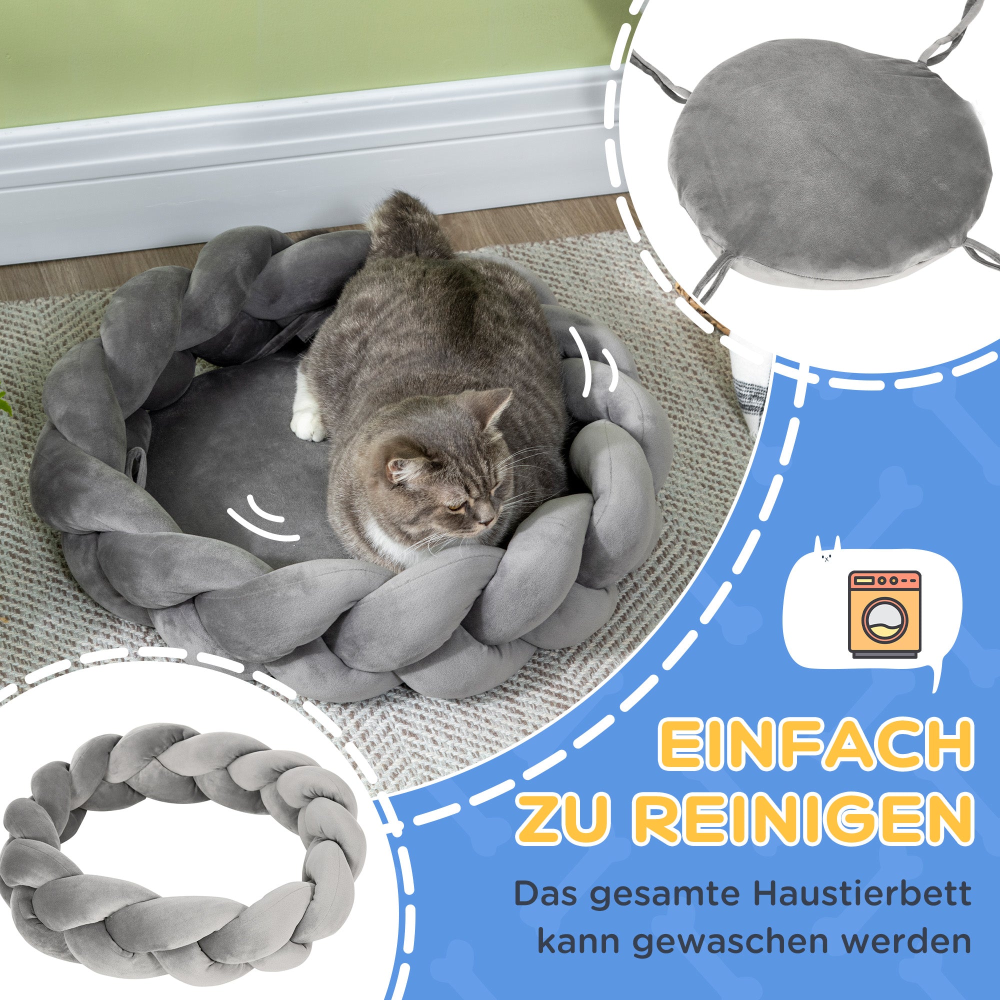 Washable Cat Bed, Dog Bed, Dog Pillow, Pet Bed, Cat Sleeping Place, Pet Mat, Dog Sofa, Donut Pillow for Small Dogs and Kittens, Velvet, Ø55 x 14 cm, Gray