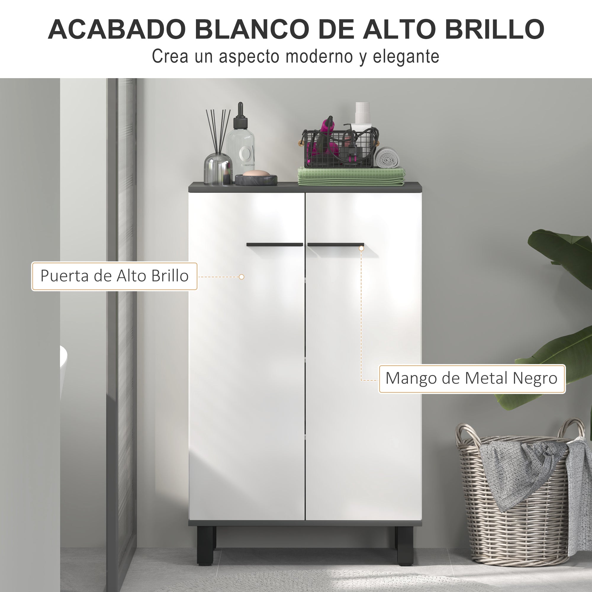 Bathroom Cabinet Auxiliary Bathroom Furniture with Doors Adjustable Shelves and Anti-tip System 60x34x94 cm White Gloss