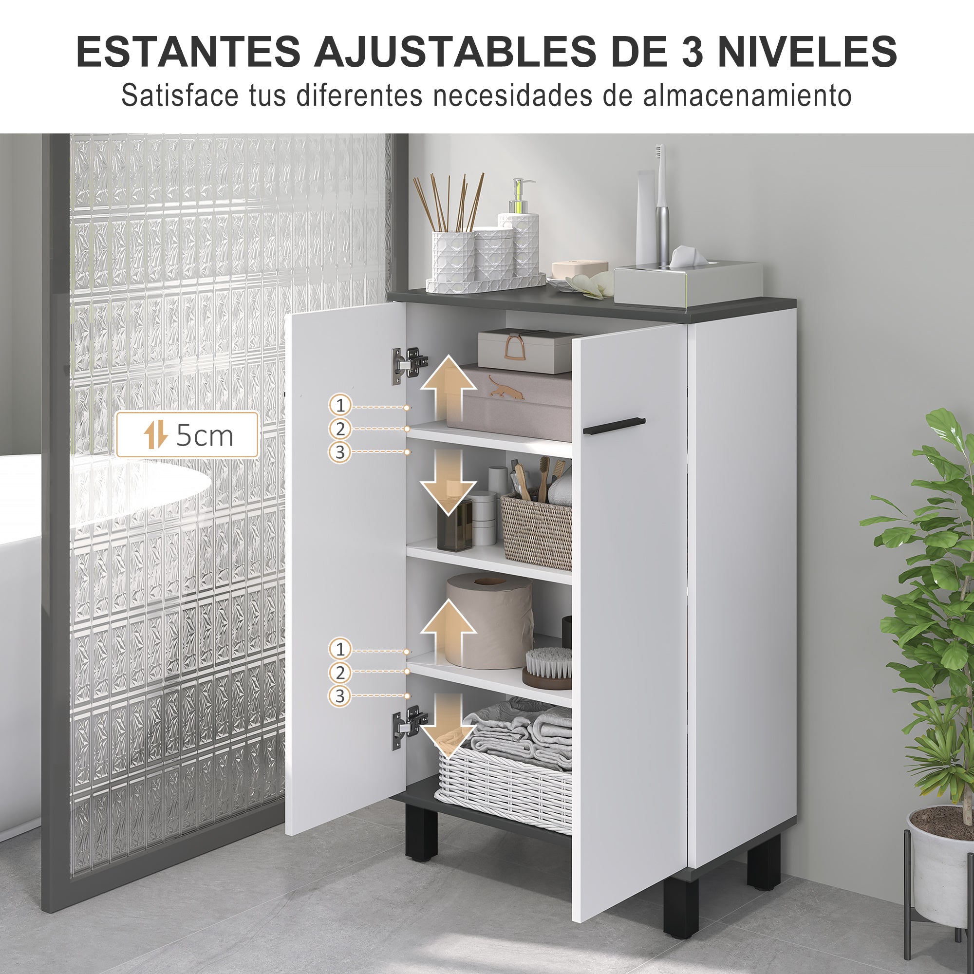 Bathroom Cabinet Auxiliary Bathroom Furniture with Doors Adjustable Shelves and Anti-tip System 60x34x94 cm White Gloss