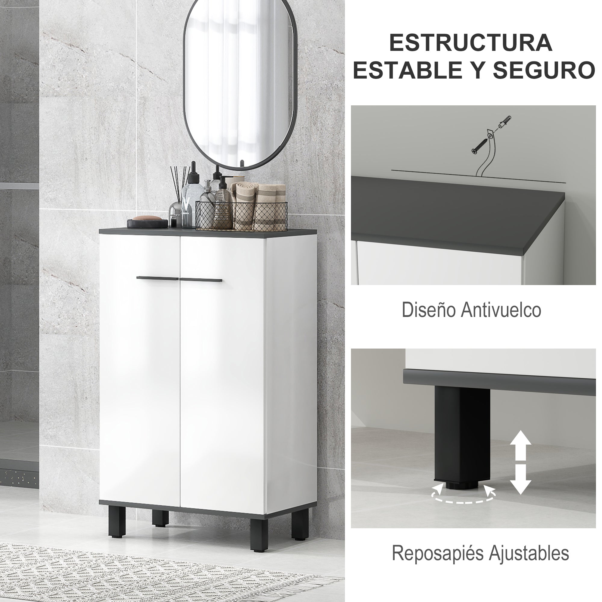 Bathroom Cabinet Auxiliary Bathroom Furniture with Doors Adjustable Shelves and Anti-tip System 60x34x94 cm White Gloss
