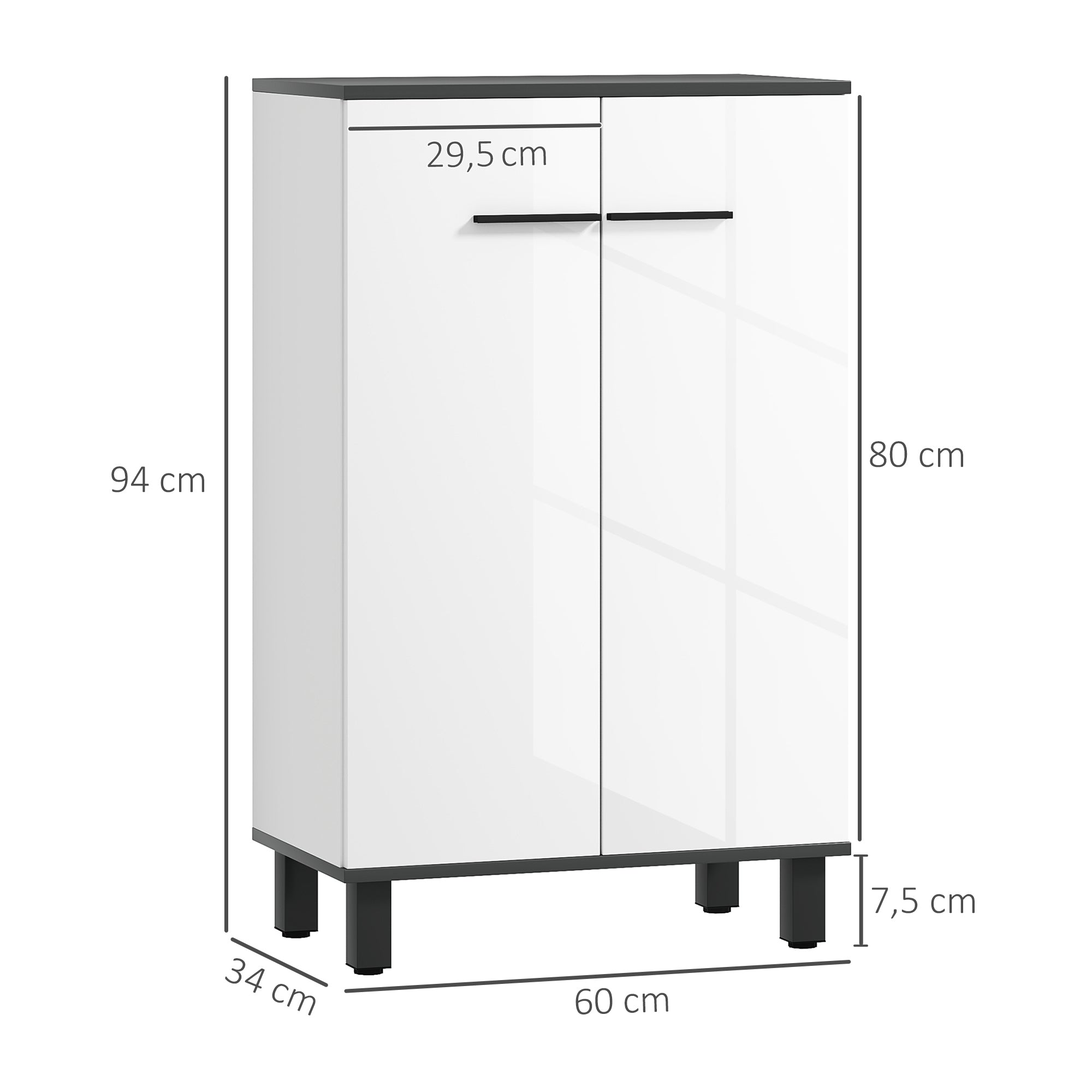 Bathroom Cabinet Auxiliary Bathroom Furniture with Doors Adjustable Shelves and Anti-tip System 60x34x94 cm White Gloss
