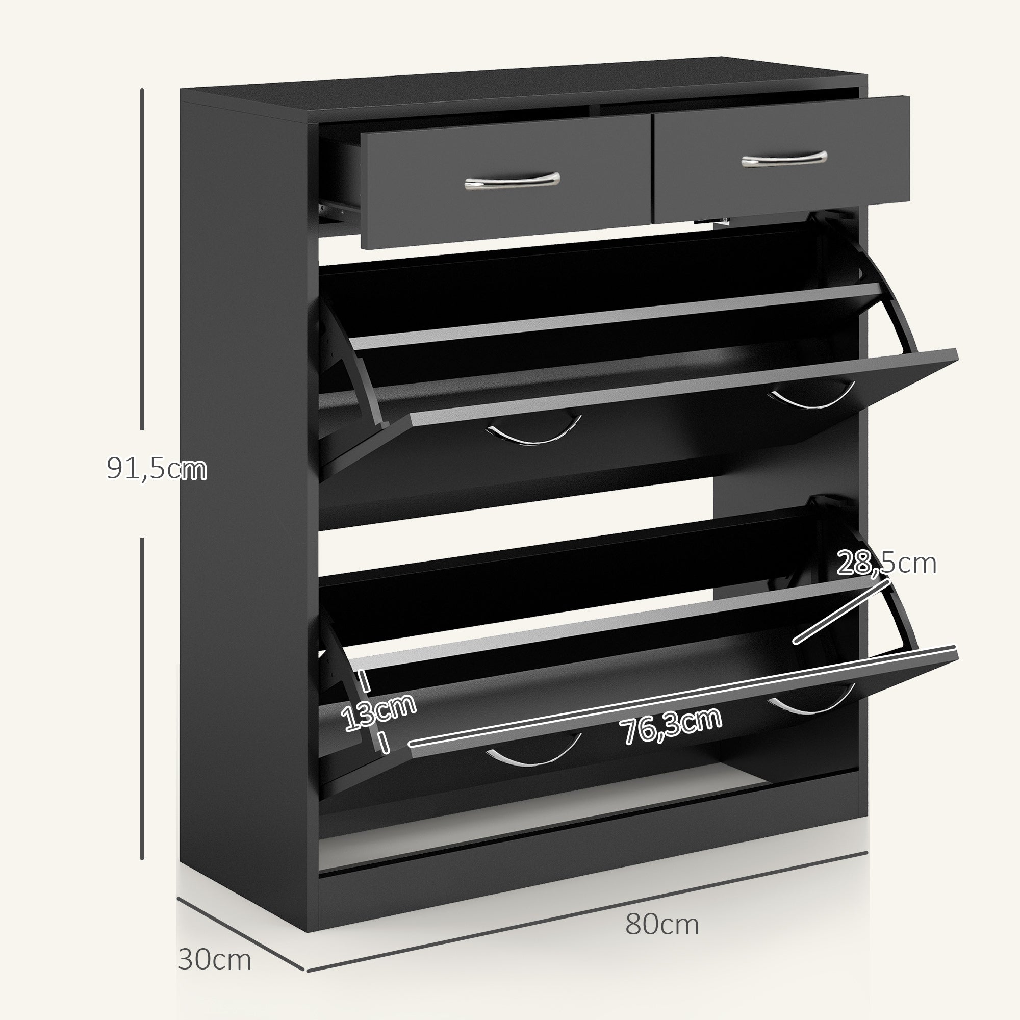 Narrow Shoe Cabinet Shoe Storage Bench with 2 Flip-Down Drawers and 2 Pull-Out Drawers for 12 Pairs of Shoes for Hallway 80x30x91.5 cm Black