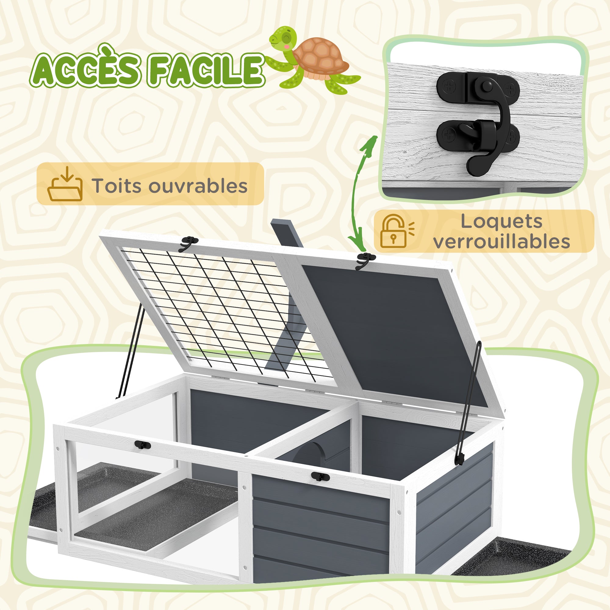House enclosure cage for small tortoise with 2 spaces, lamp support 2 sliding trays, 81 x 48 x 31.5 cm - solid gray wood