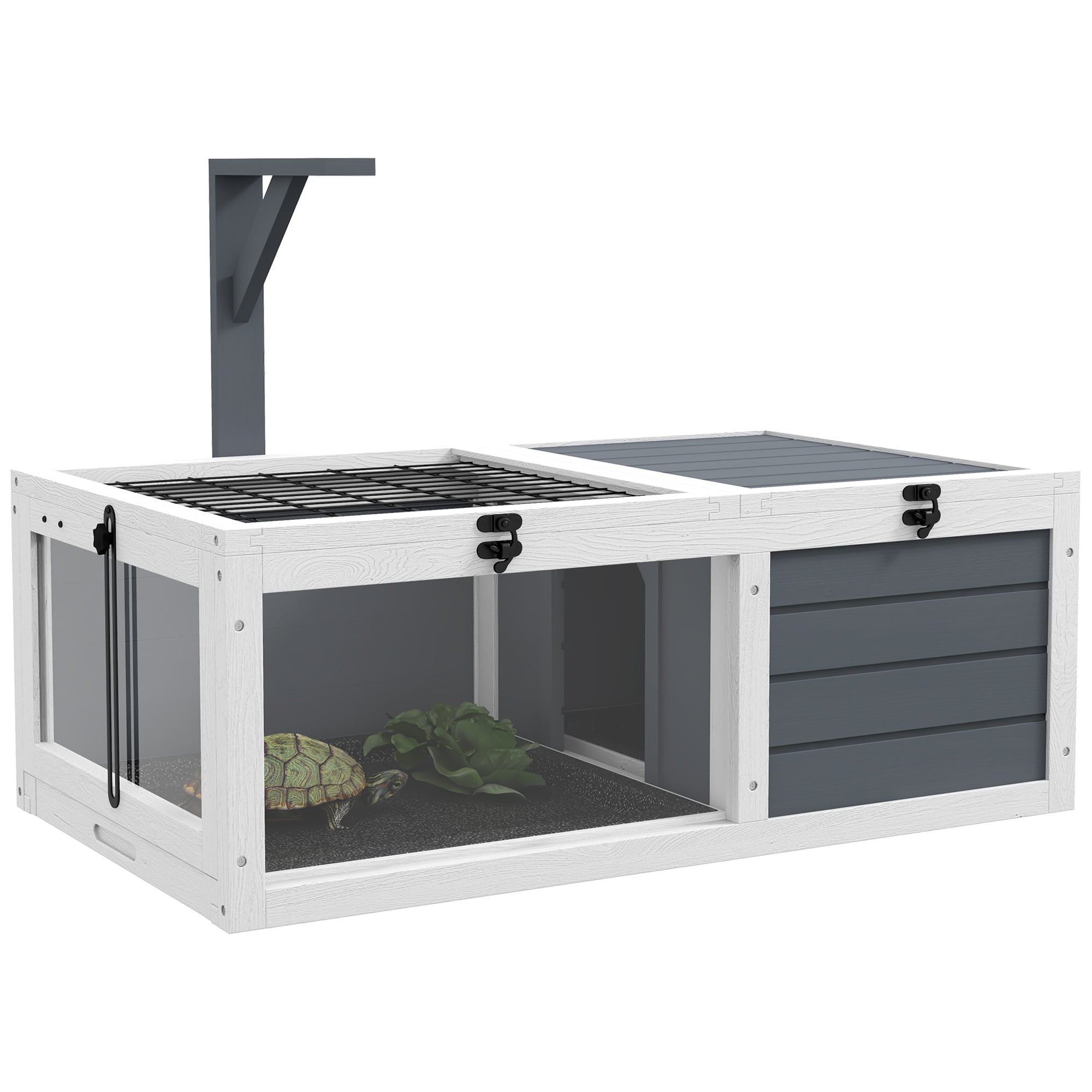 House enclosure cage for small tortoise with 2 spaces, lamp support 2 sliding trays, 81 x 48 x 31.5 cm - solid gray wood