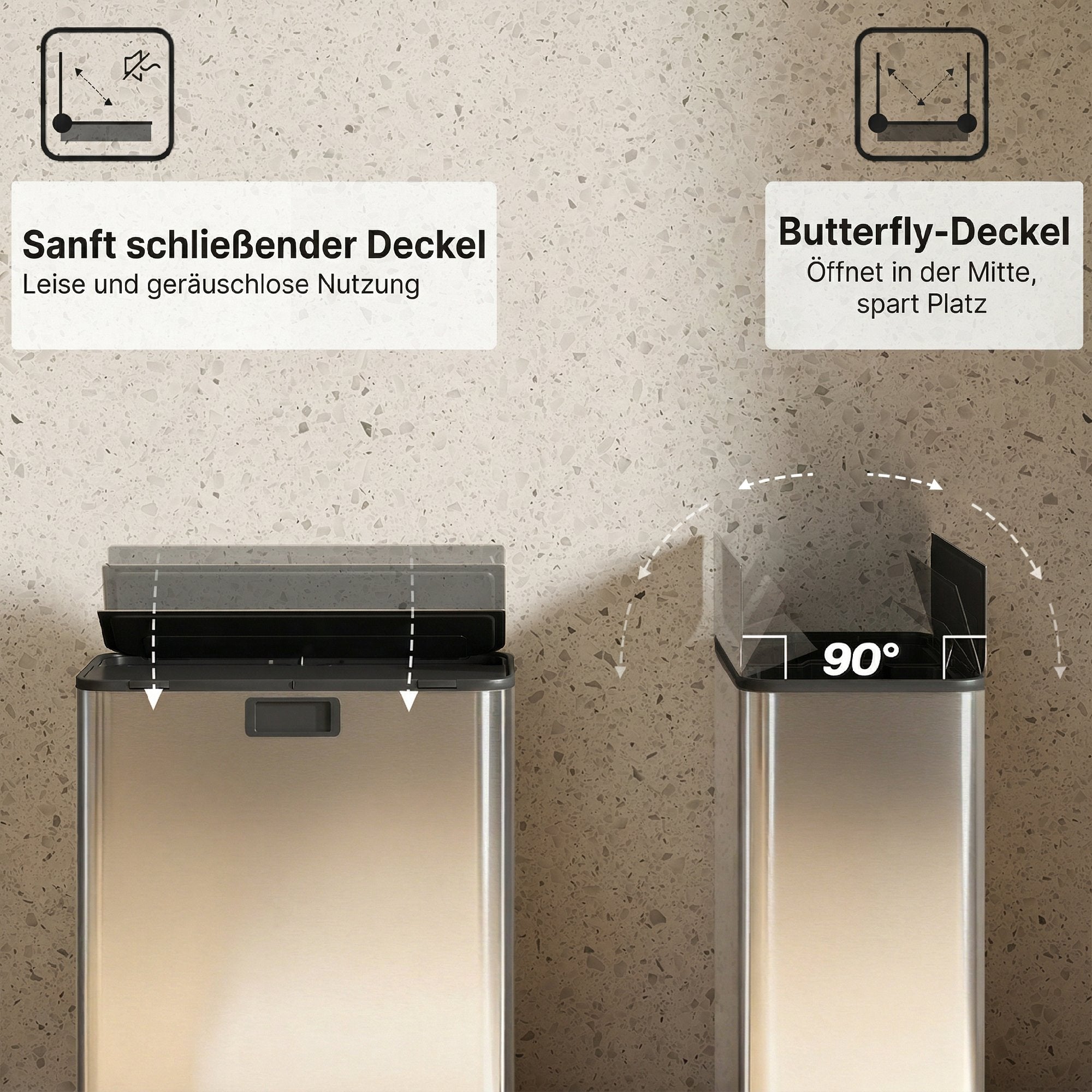 2 x 28L Stainless Steel Kitchen Step Bin with Soft-Close Butterfly Lid, Removable Inner Bins, Fingerprint-Resistant, Silver