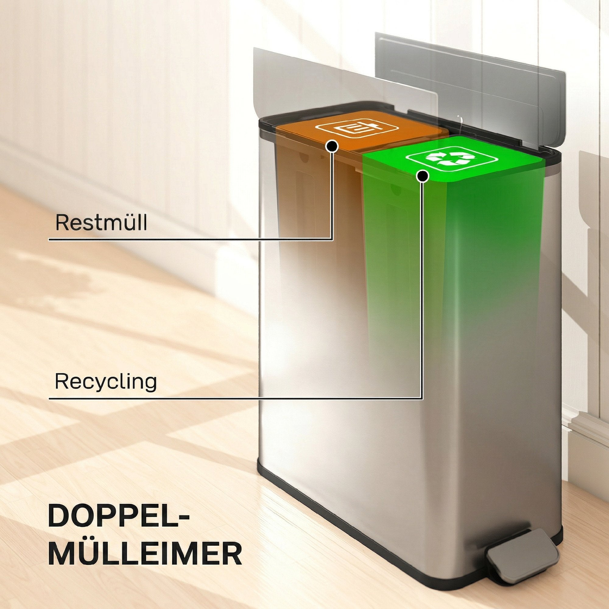 2 x 28L Stainless Steel Kitchen Step Bin with Soft-Close Butterfly Lid, Removable Inner Bins, Fingerprint-Resistant, Silver