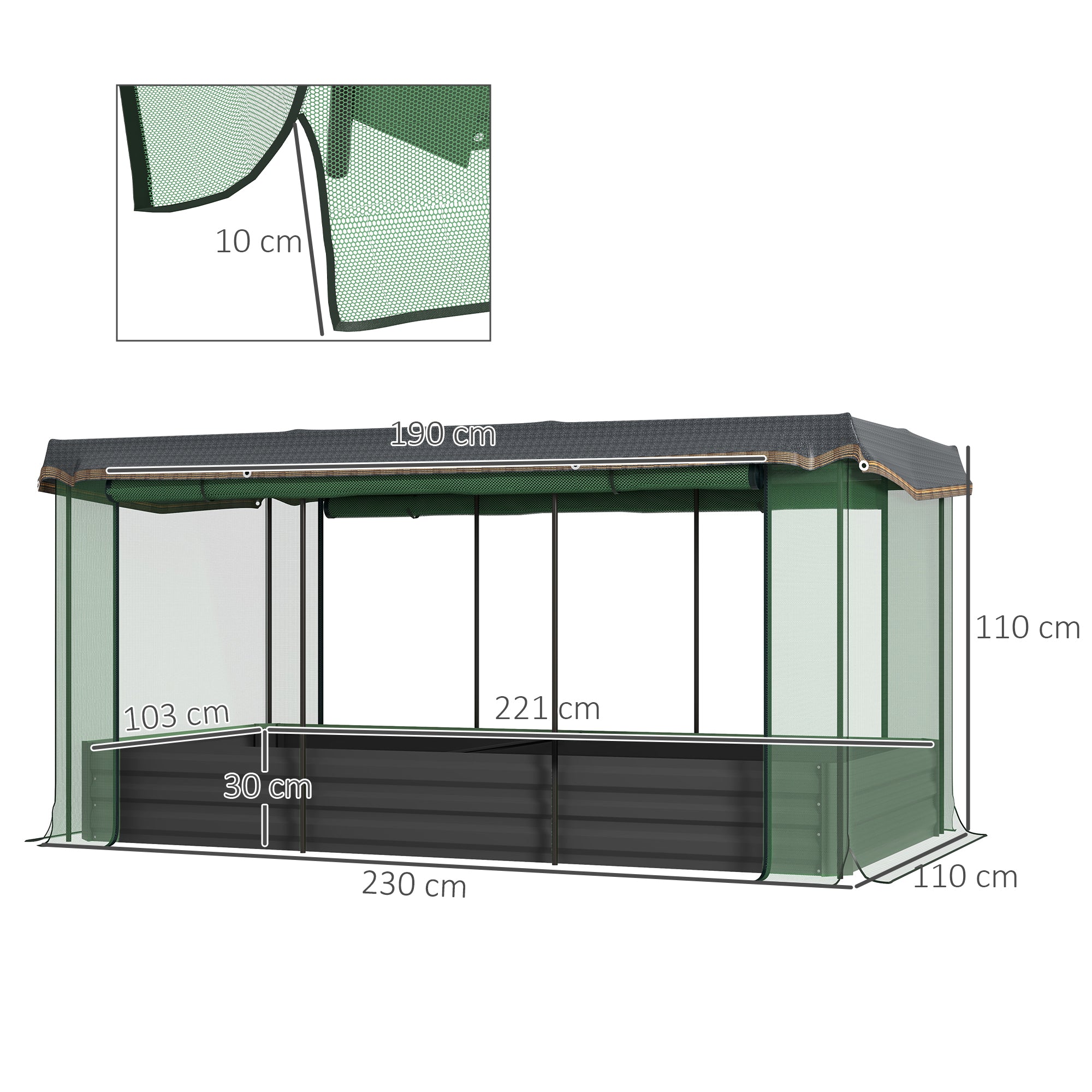 Raised Garden Bed Steel, Planter Box, Flower Box with Bird Protection Net, Sunshade, Garden Bed for Balcony, Terrace, Dark Gray, 230 x 110 x 110 cm