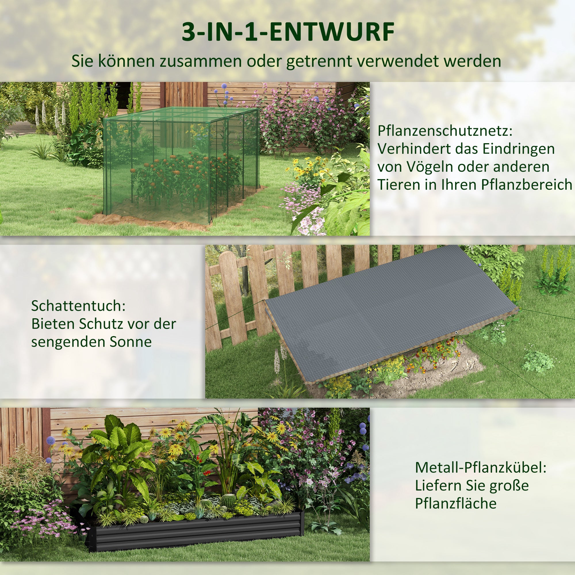 Raised Garden Bed Steel, Planter Box, Flower Box with Bird Protection Net, Sunshade, Garden Bed for Balcony, Terrace, Dark Gray, 230 x 110 x 110 cm