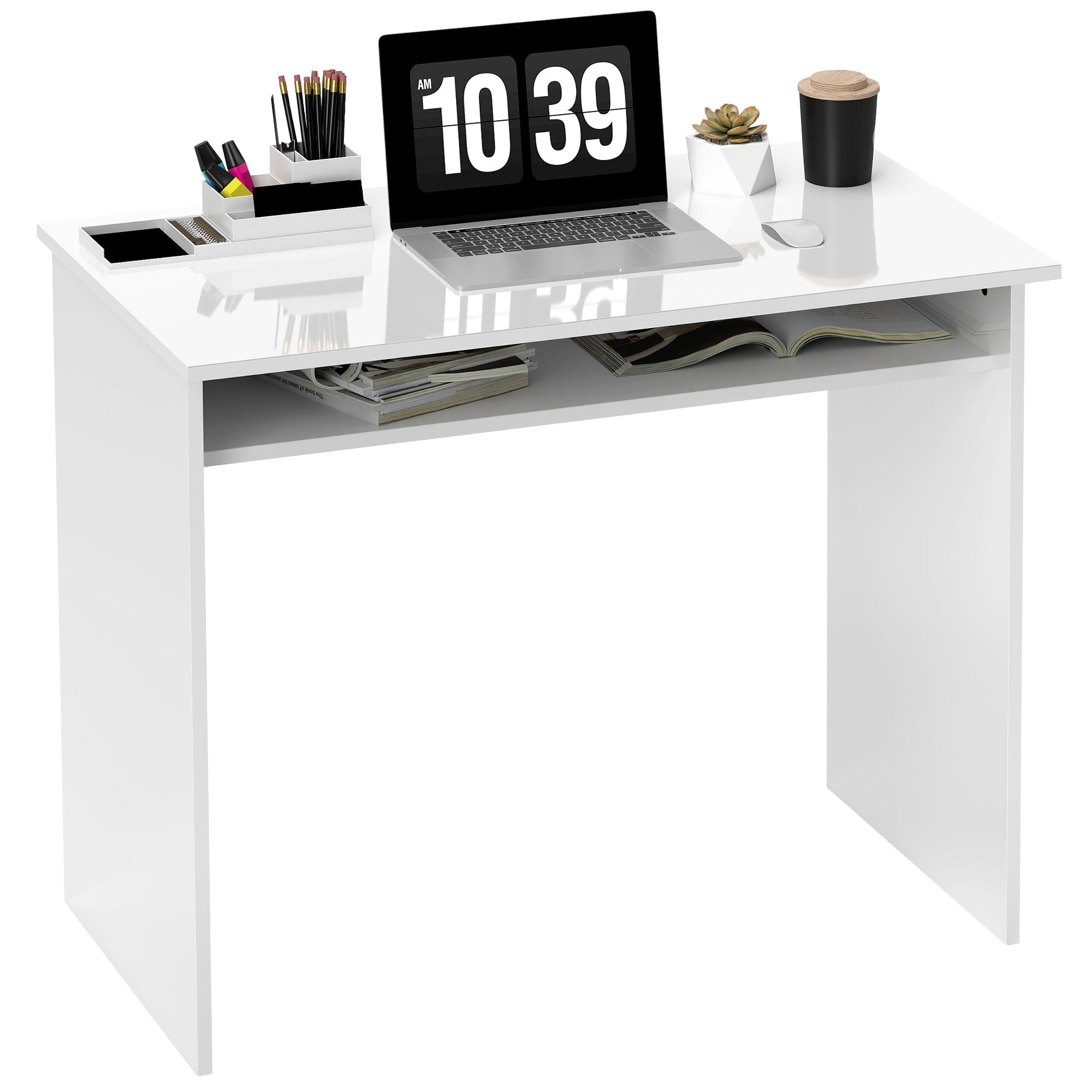 Computer Desk Compact Sleek Office Table with 1 Shelf, Particle Board, dim. 90L x 50W x 74H cm, High Gloss White