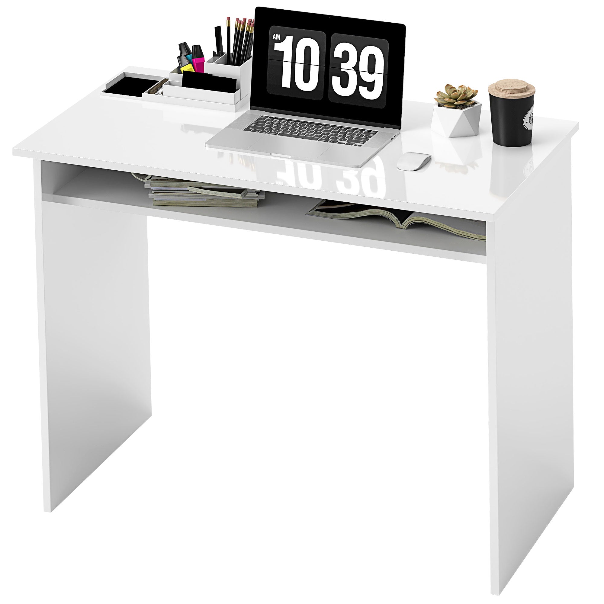 Computer Desk Compact Sleek Office Table with 1 Shelf, Particle Board, dim. 90L x 50W x 74H cm, High Gloss White