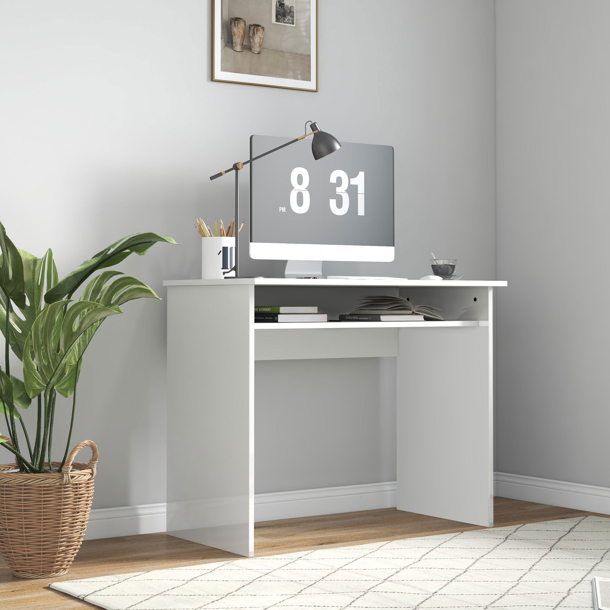 Computer Desk Compact Sleek Office Table with 1 Shelf, Particle Board, dim. 90L x 50W x 74H cm, High Gloss White