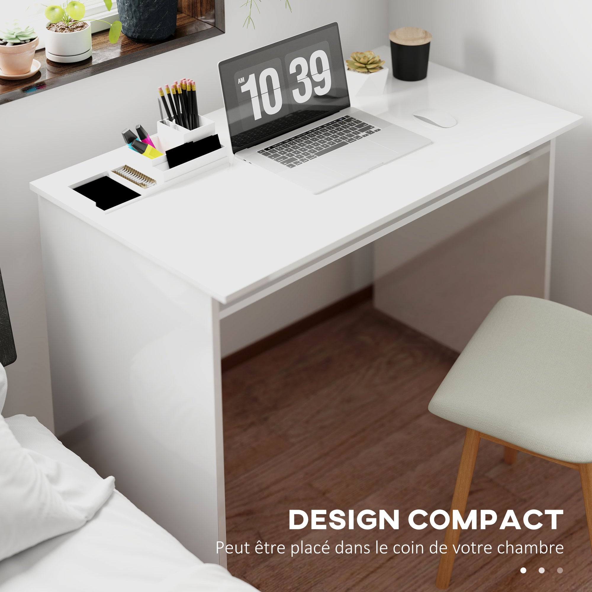 Computer Desk Compact Sleek Office Table with 1 Shelf, Particle Board, dim. 90L x 50W x 74H cm, High Gloss White
