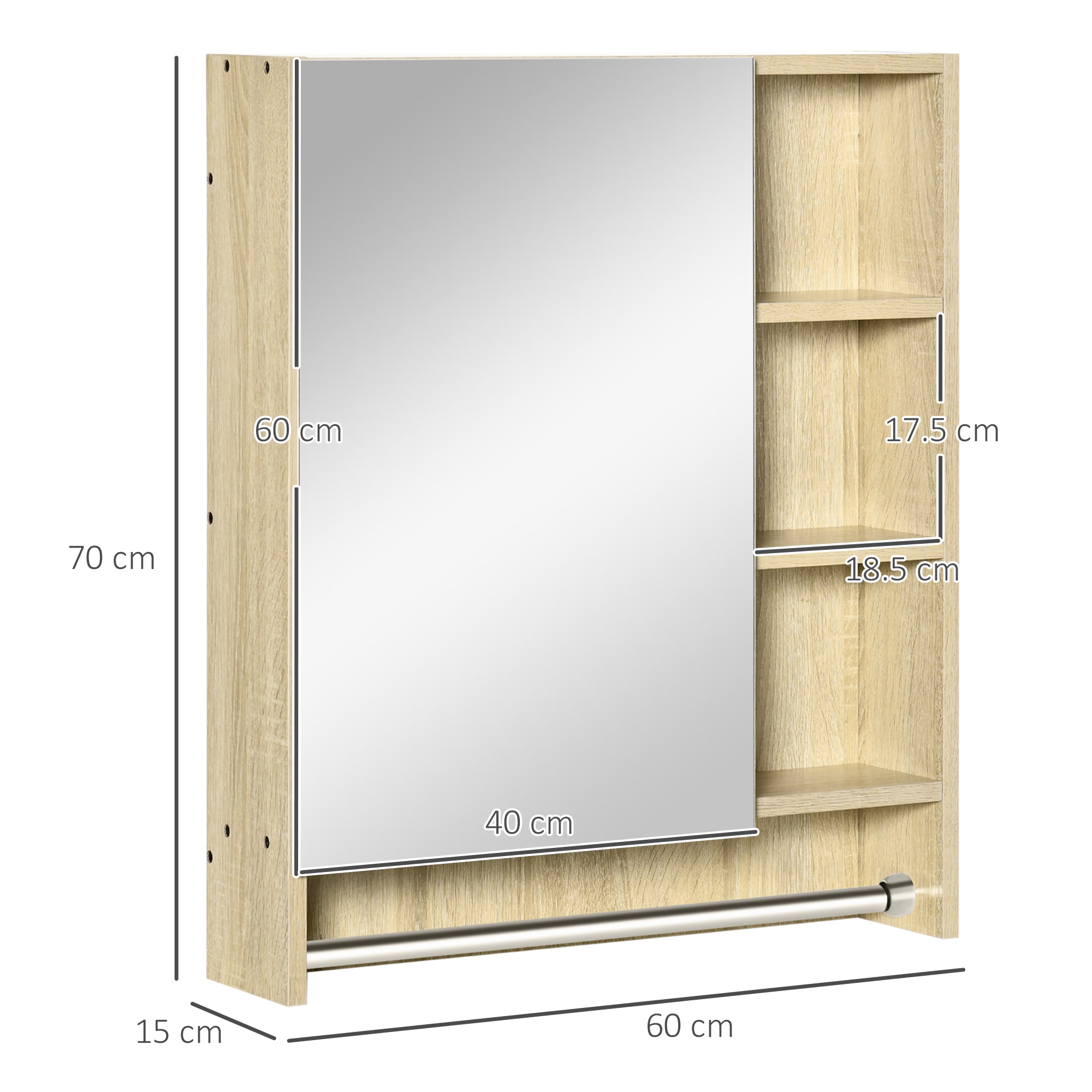 Bathroom Cabinet with Mirror Wall Cabinet with 1 Door Adjustable Shelf Towel Holder and Compartment Hanging Bathroom Furniture for Living Room 60x15x70 cm Oak