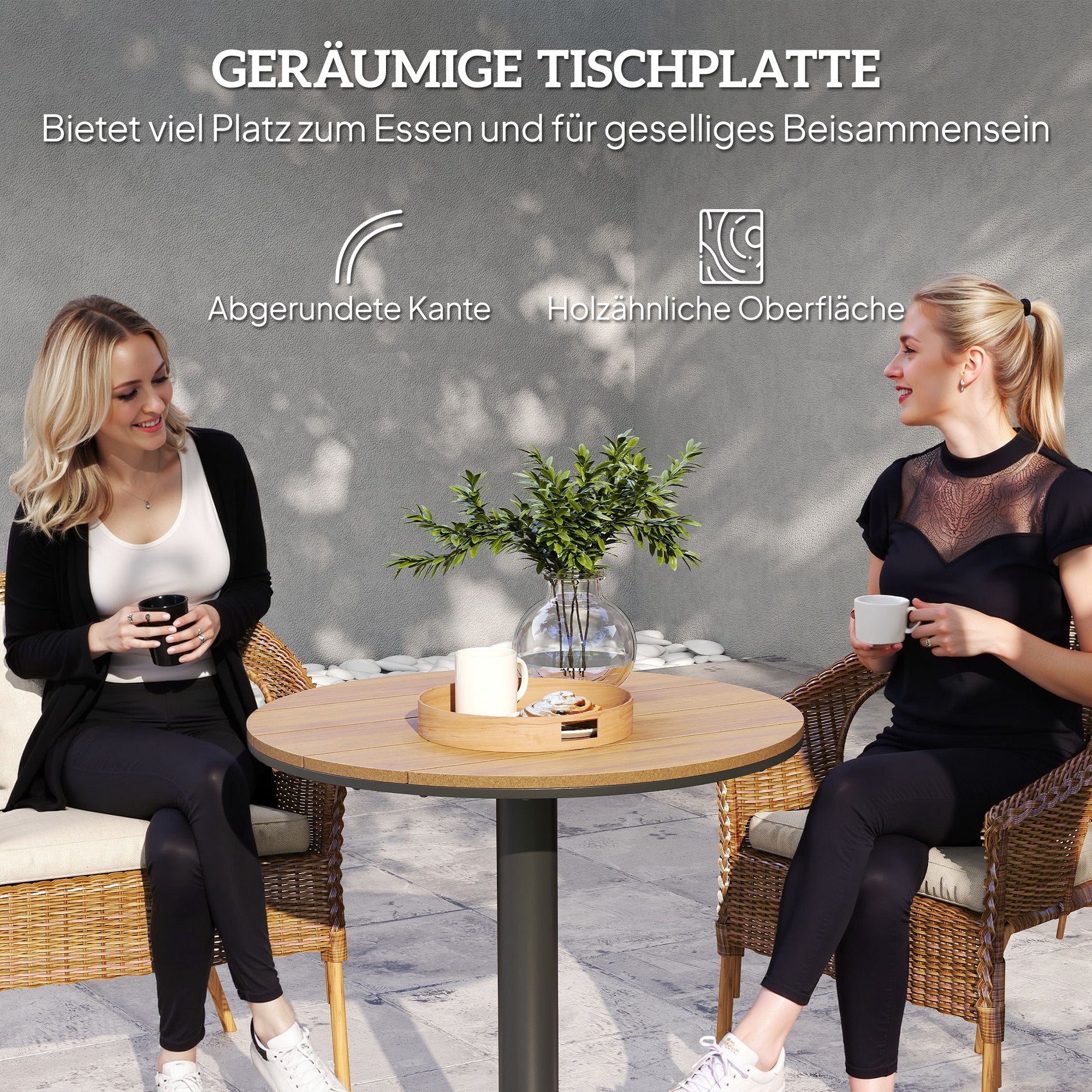 Garden Table Ø70 cm, Weatherproof Round Balcony Table with Slatted Design, Steel Dining Table Outdoor, Camping Side Table, Patio Table for Garden Terrace Balcony Natural Wood