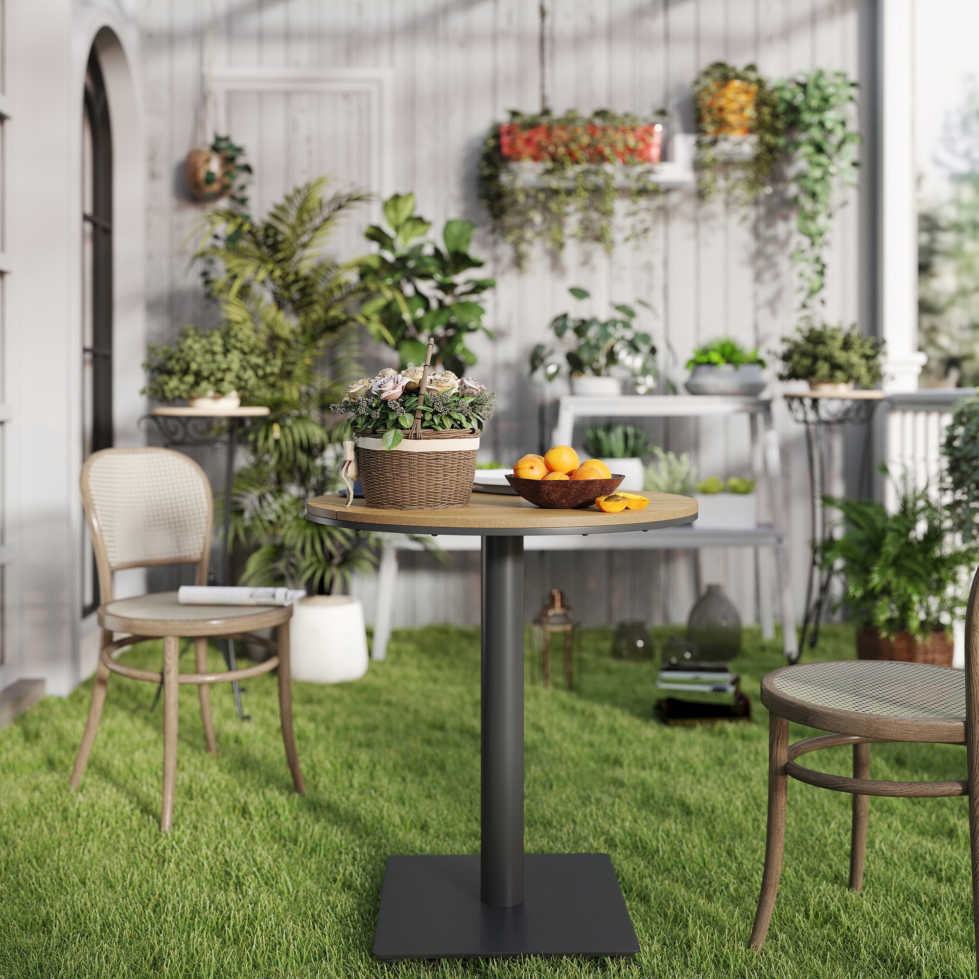 Garden Table Ø70 cm, Weatherproof Round Balcony Table with Slatted Design, Steel Dining Table Outdoor, Camping Side Table, Patio Table for Garden Terrace Balcony Natural Wood