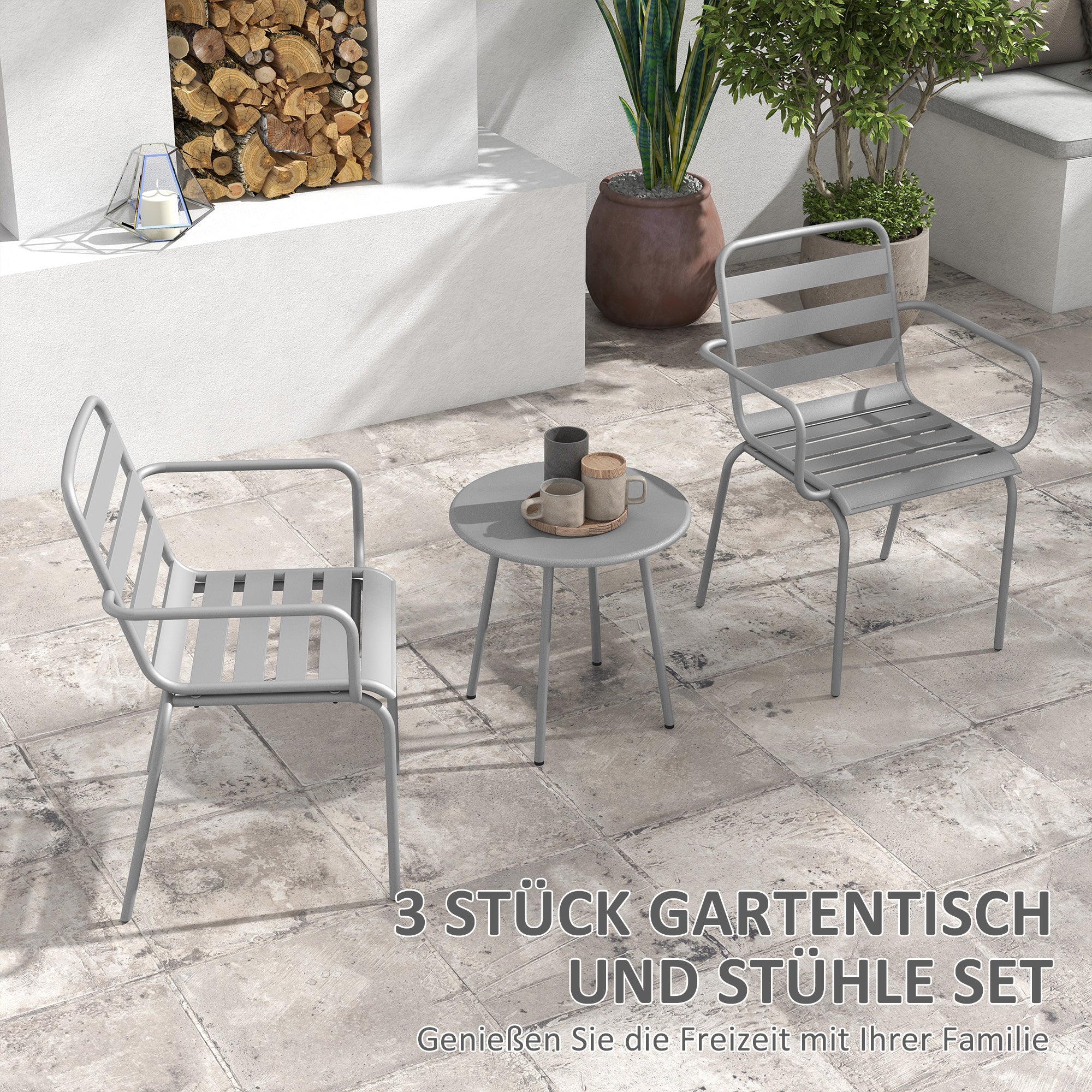 3 Piece Bistro Set Garden Furniture Set with 1 Coffee Table, 2 Stackable Chairs, Balcony Set, Seating Group for Balcony, Terrace, Steel, Light grey