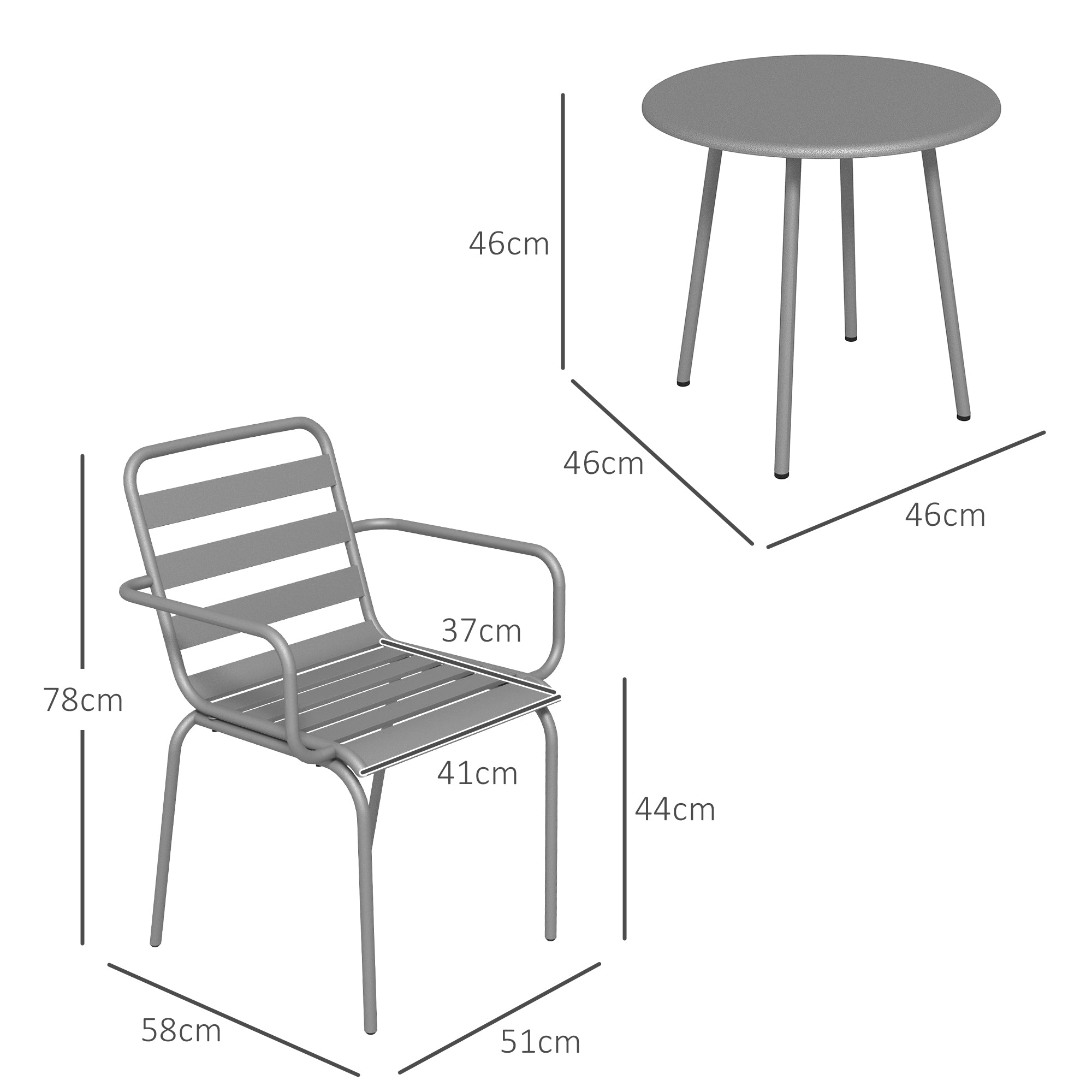 3 Piece Bistro Set Garden Furniture Set with 1 Coffee Table, 2 Stackable Chairs, Balcony Set, Seating Group for Balcony, Terrace, Steel, Light grey