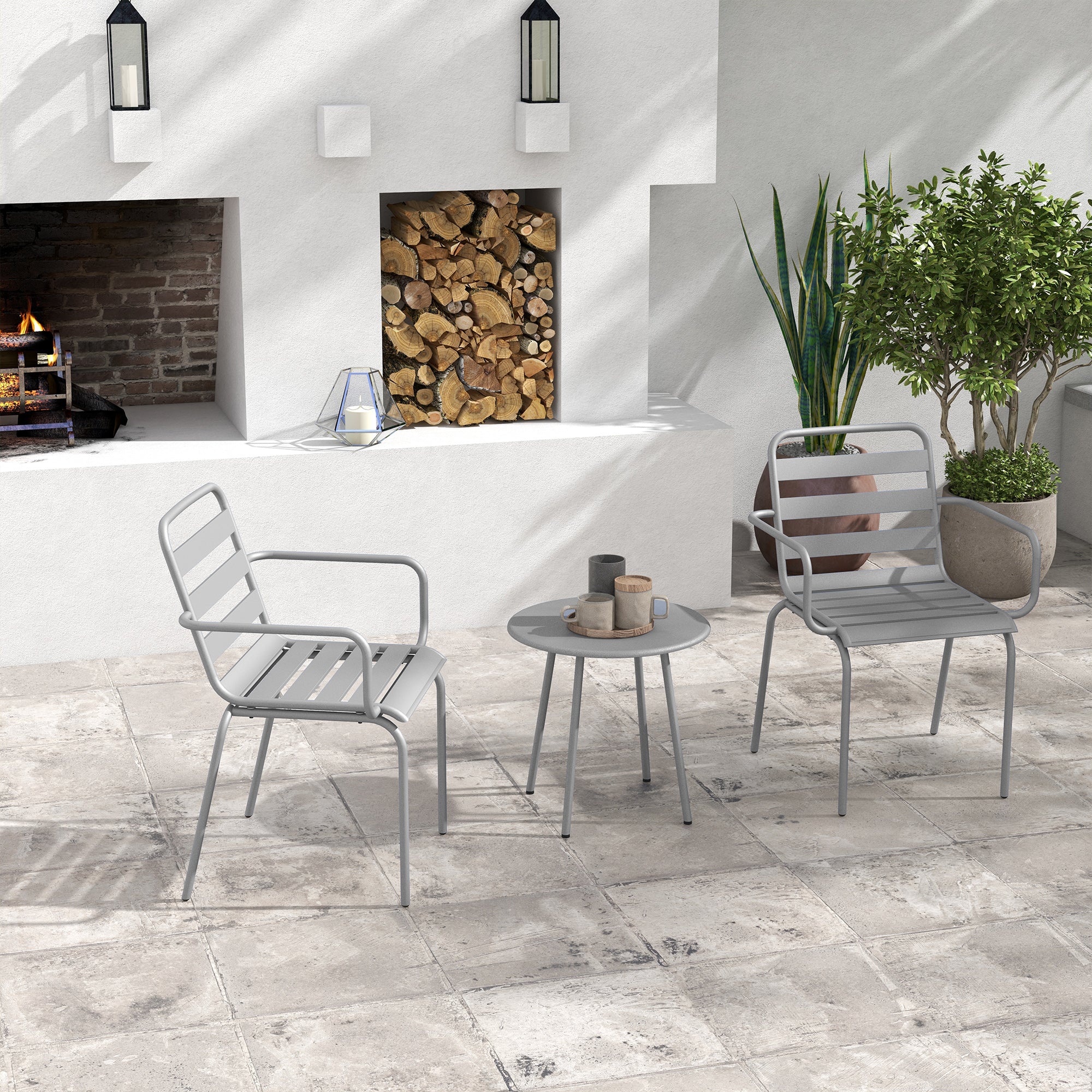 3 Piece Bistro Set Garden Furniture Set with 1 Coffee Table, 2 Stackable Chairs, Balcony Set, Seating Group for Balcony, Terrace, Steel, Light grey