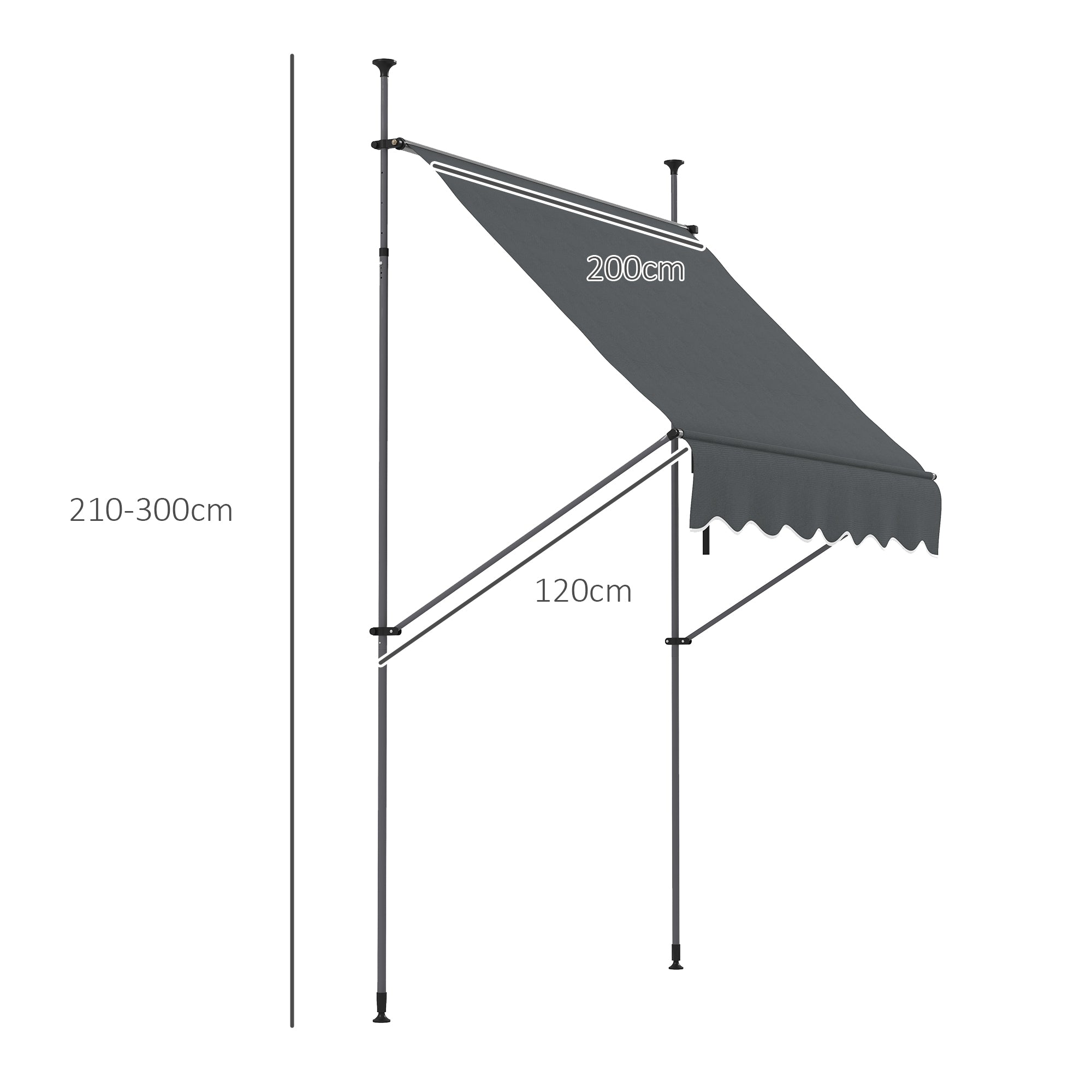 Retractable Manual Awning 2x1.2m Exterior Terrace Awning Height Adjustable with Crank 210-300cm No Drill UV30+ Protection for Balcony Garden Dark Grey