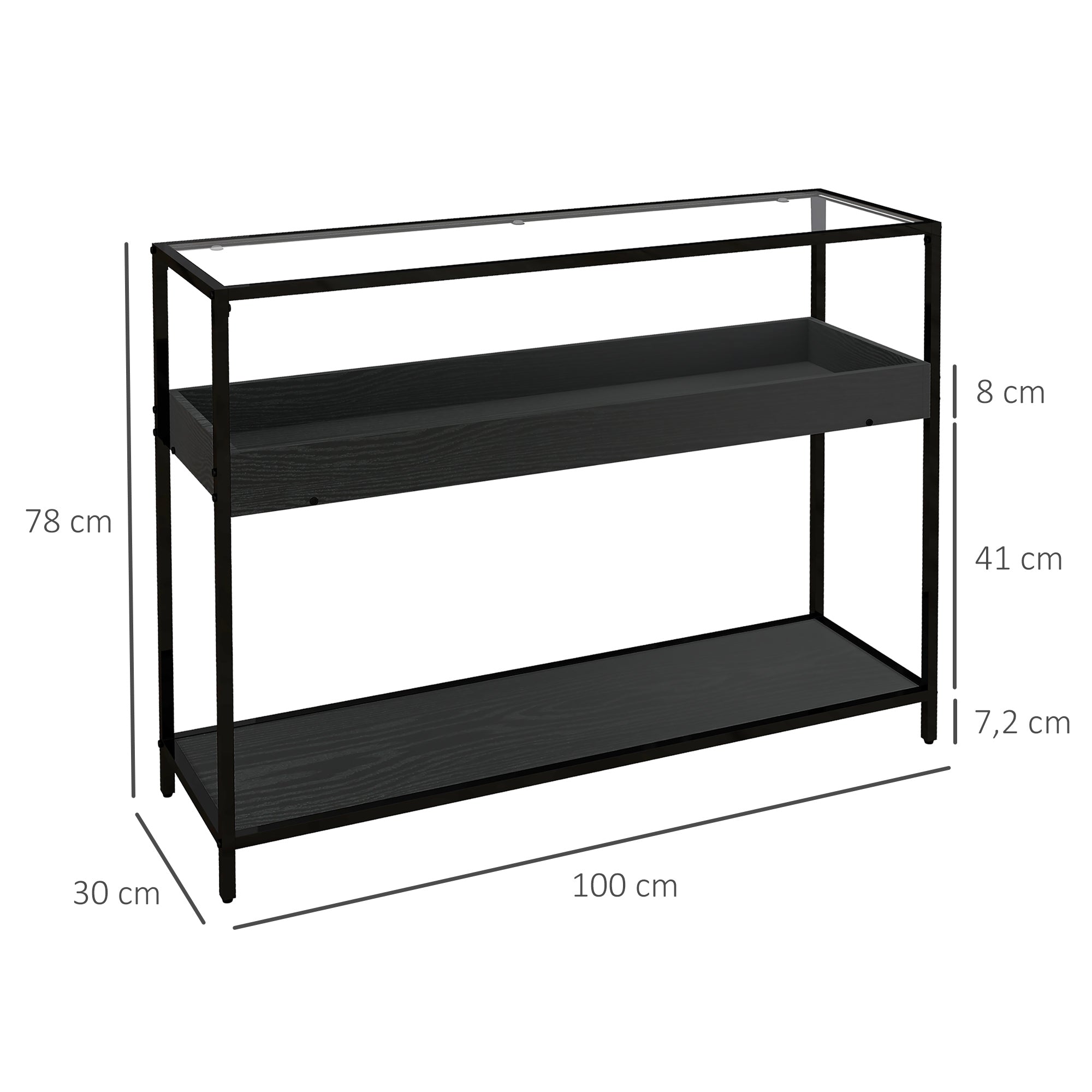 Console Table, Entryway Table with 2 Shelves, Tempered Glass Top, 100 x 30 x 78 cm, Side Table, Sofa Table, for Hallway, Small Space, Entryway, Living Room, Black