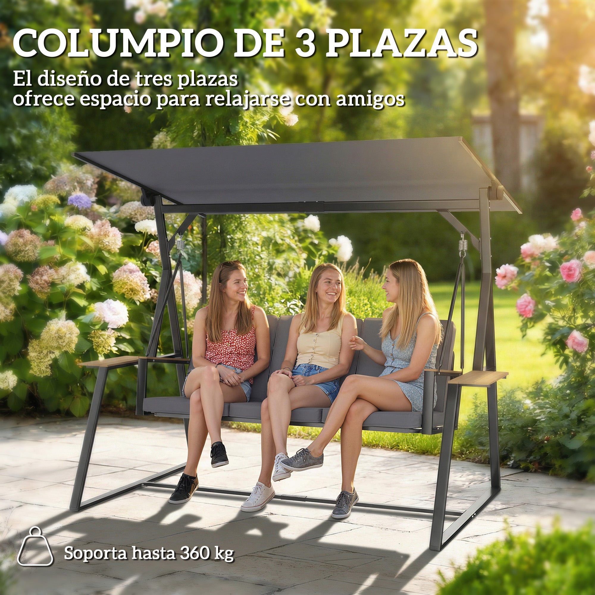 3-Seat Garden Swing with Adjustable UPF50+ Canopy, 2 Side Trays, Cushions & Metal Frame — For Balcony, Patio, Terrace — Holds 360 kg (794 lb), 222 x 131 x 175 cm, Charcoal