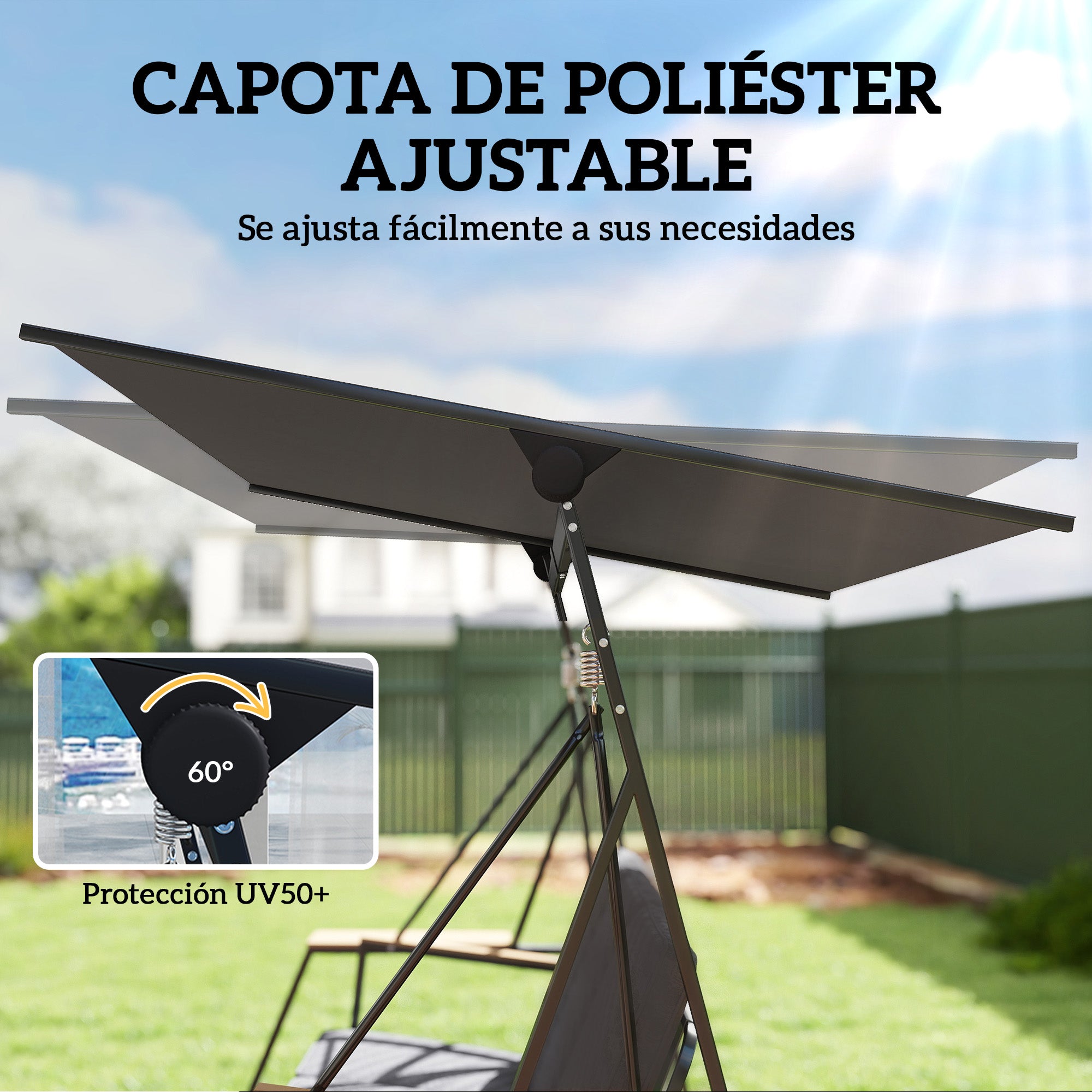 3-Seat Garden Swing with Adjustable UPF50+ Canopy, 2 Side Trays, Cushions & Metal Frame — For Balcony, Patio, Terrace — Holds 360 kg (794 lb), 222 x 131 x 175 cm, Charcoal