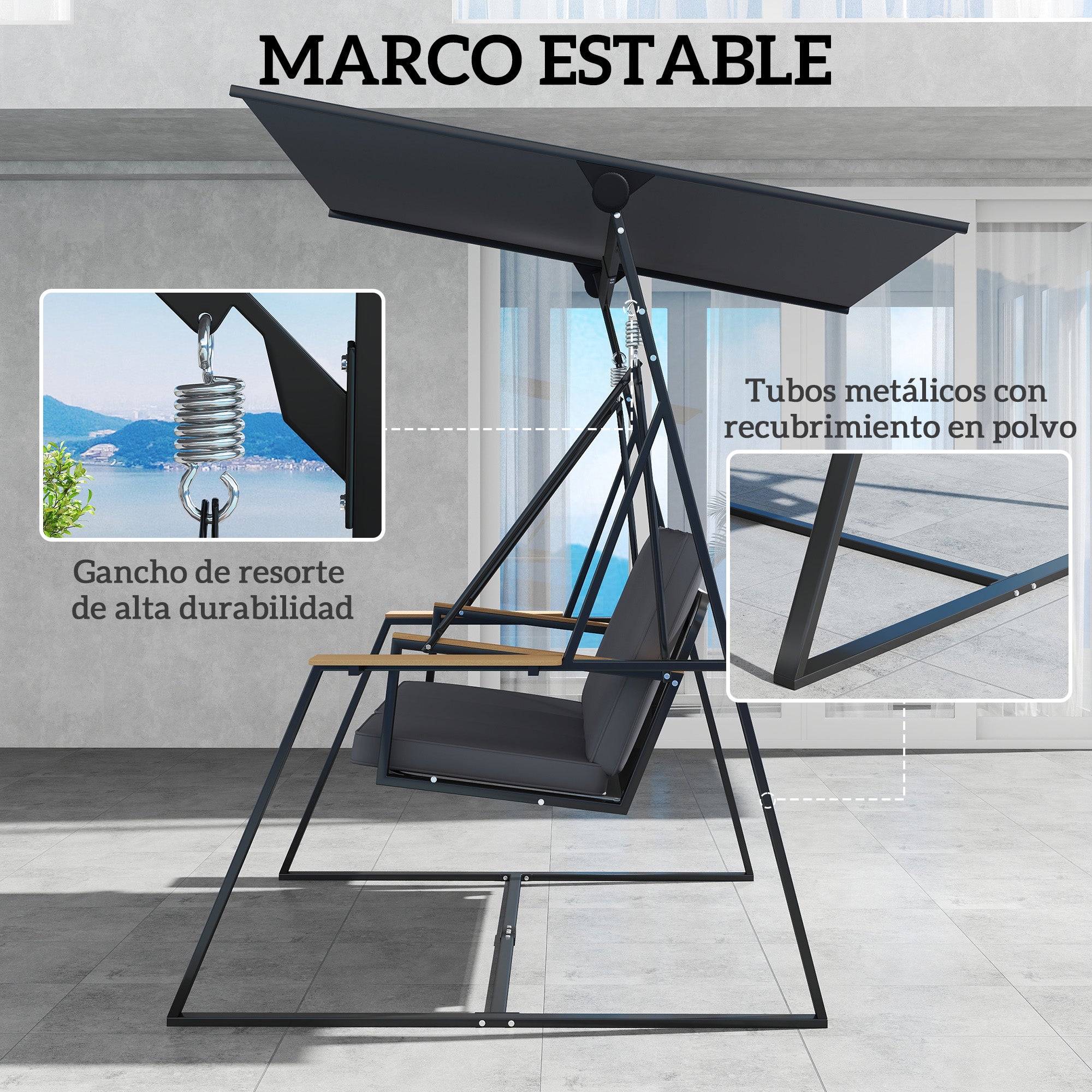 3-Seat Garden Swing with Adjustable UPF50+ Canopy, 2 Side Trays, Cushions & Metal Frame — For Balcony, Patio, Terrace — Holds 360 kg (794 lb), 222 x 131 x 175 cm, Charcoal