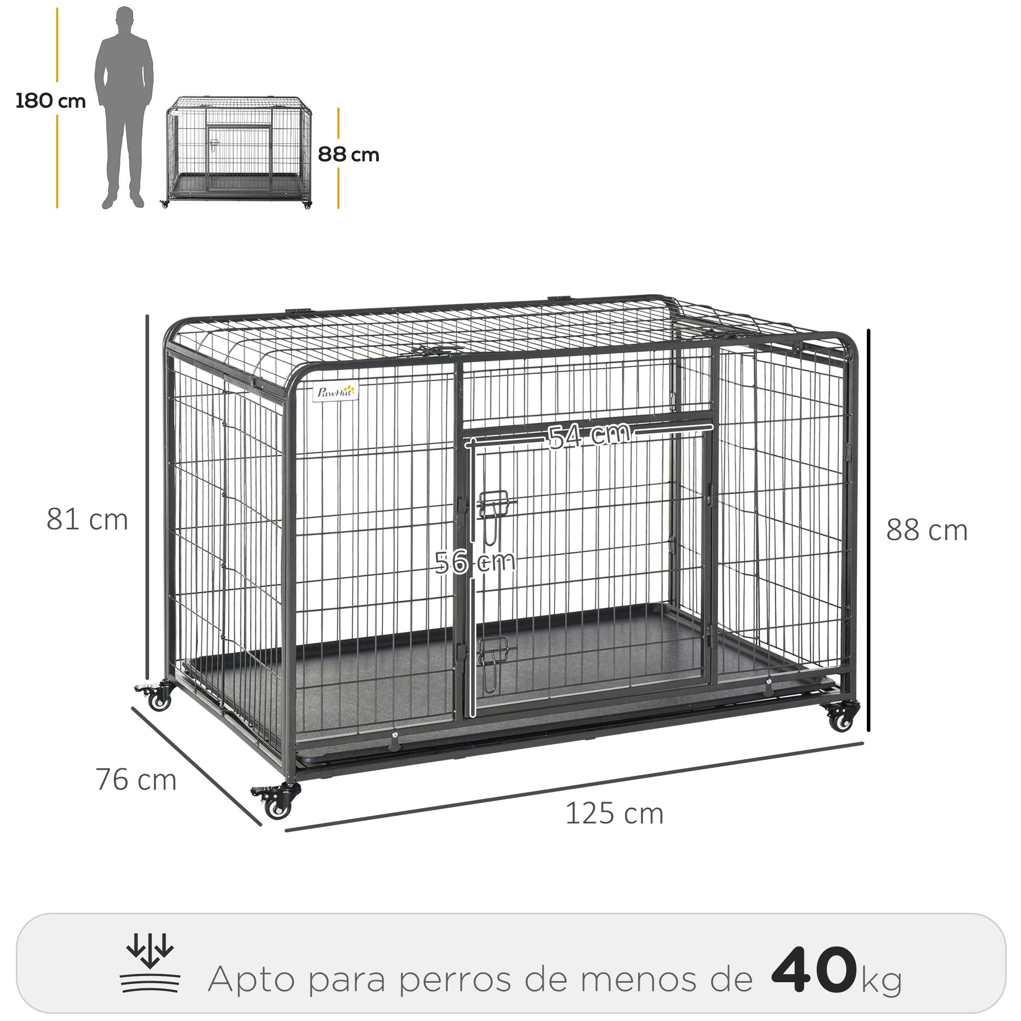 Foldable Metal Dog Cage for Large Dogs 125x76x81 cm with Wheels and Brakes Removable Tray and Door with Latches for Golden Retriever Labrador Dark Gray