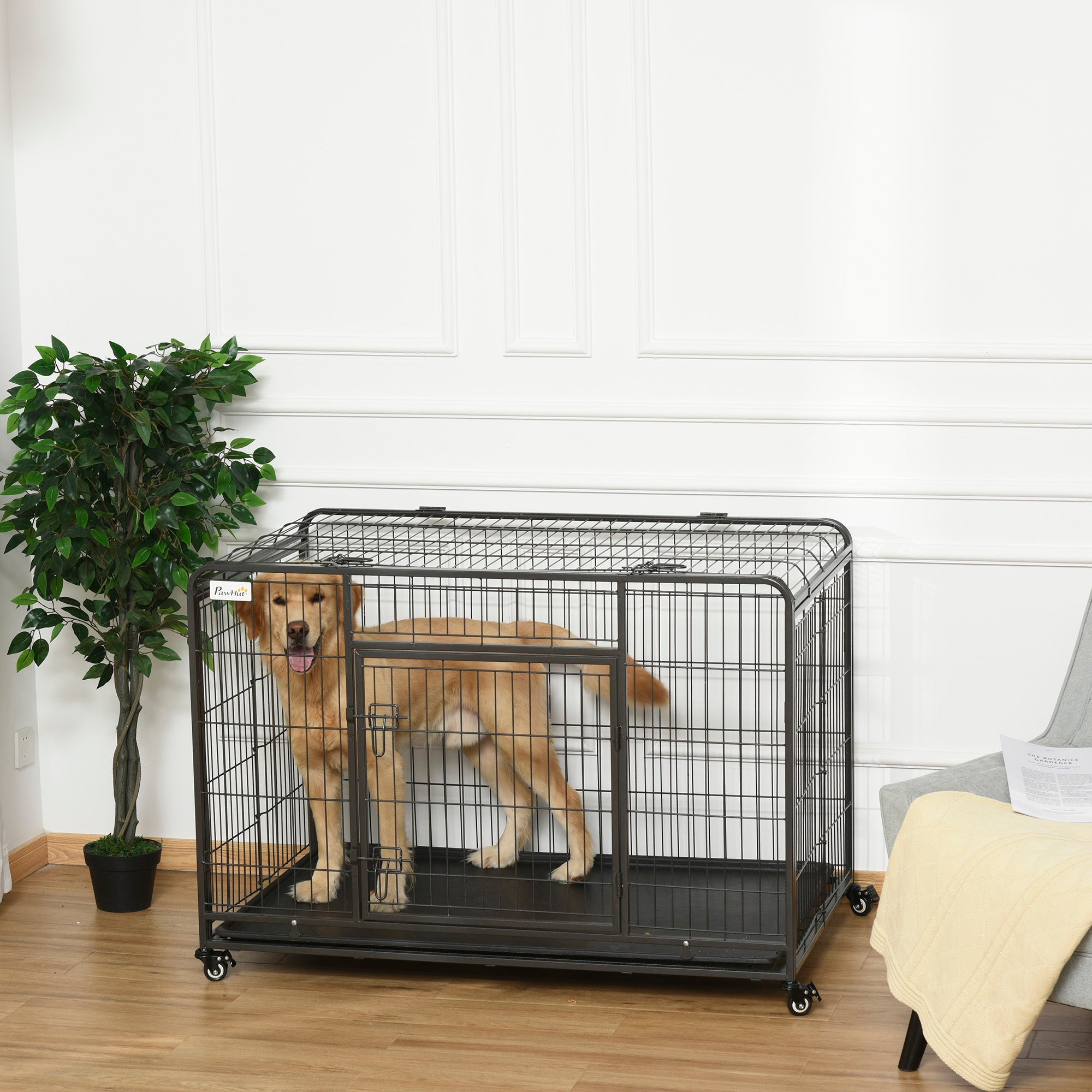 Foldable Metal Dog Cage for Large Dogs 125x76x81 cm with Wheels and Brakes Removable Tray and Door with Latches for Golden Retriever Labrador Dark Gray