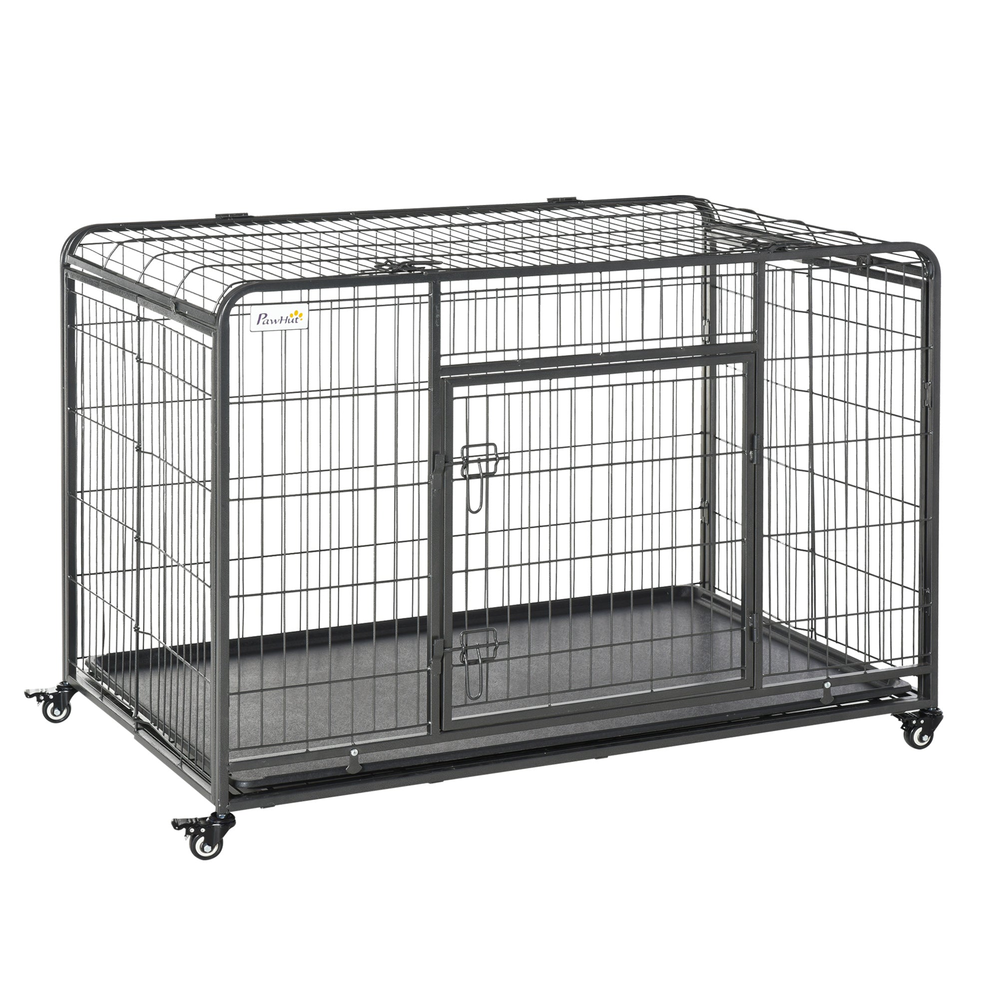 Foldable Metal Dog Cage for Large Dogs 125x76x81 cm with Wheels and Brakes Removable Tray and Door with Latches for Golden Retriever Labrador Dark Gray