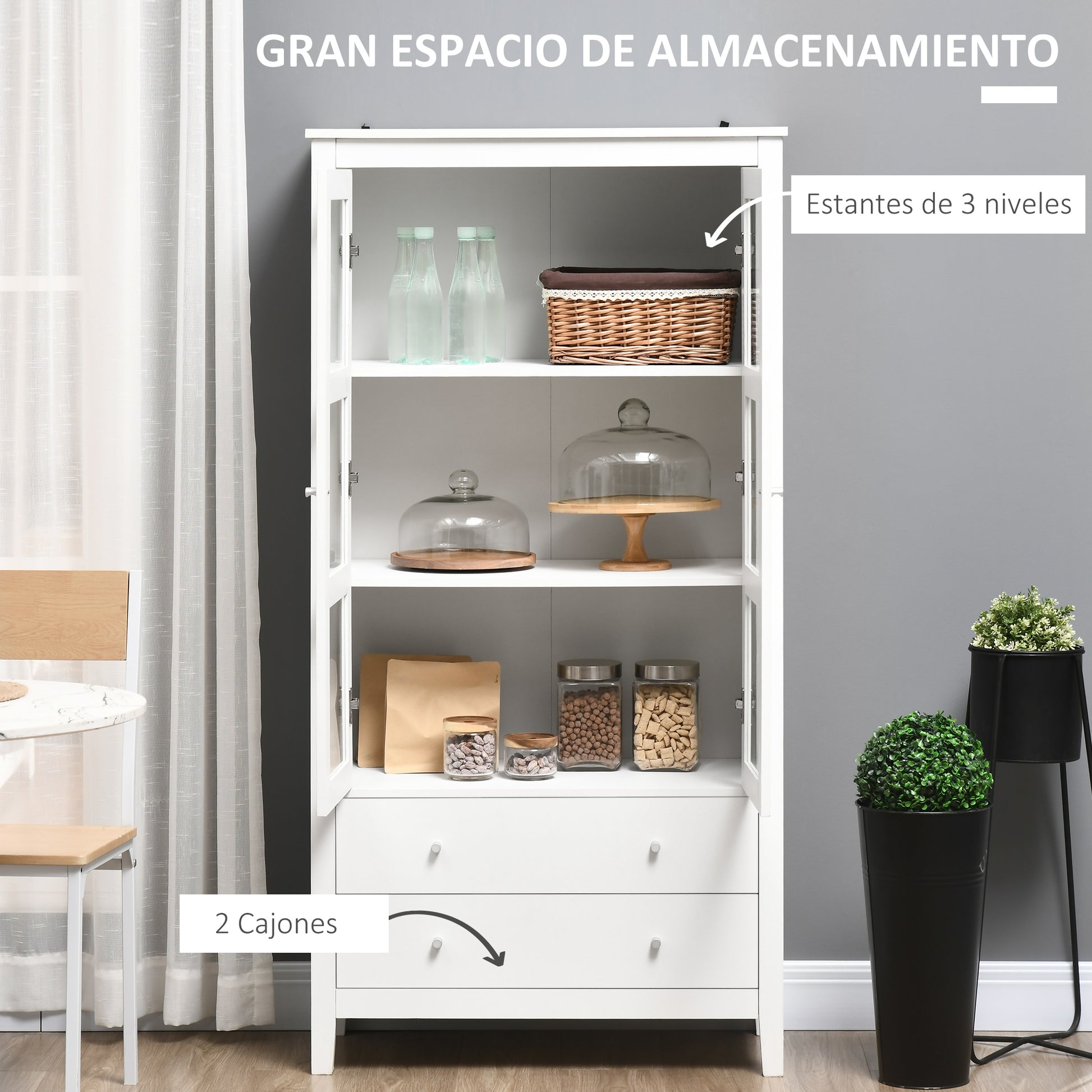 Living Room Display Cabinet Kitchen Sideboard with 2 Tempered Glass Doors 3 Shelves 2 Drawers and Soft-Close Hinges for Dining Room Office 80x40x160 cm White
