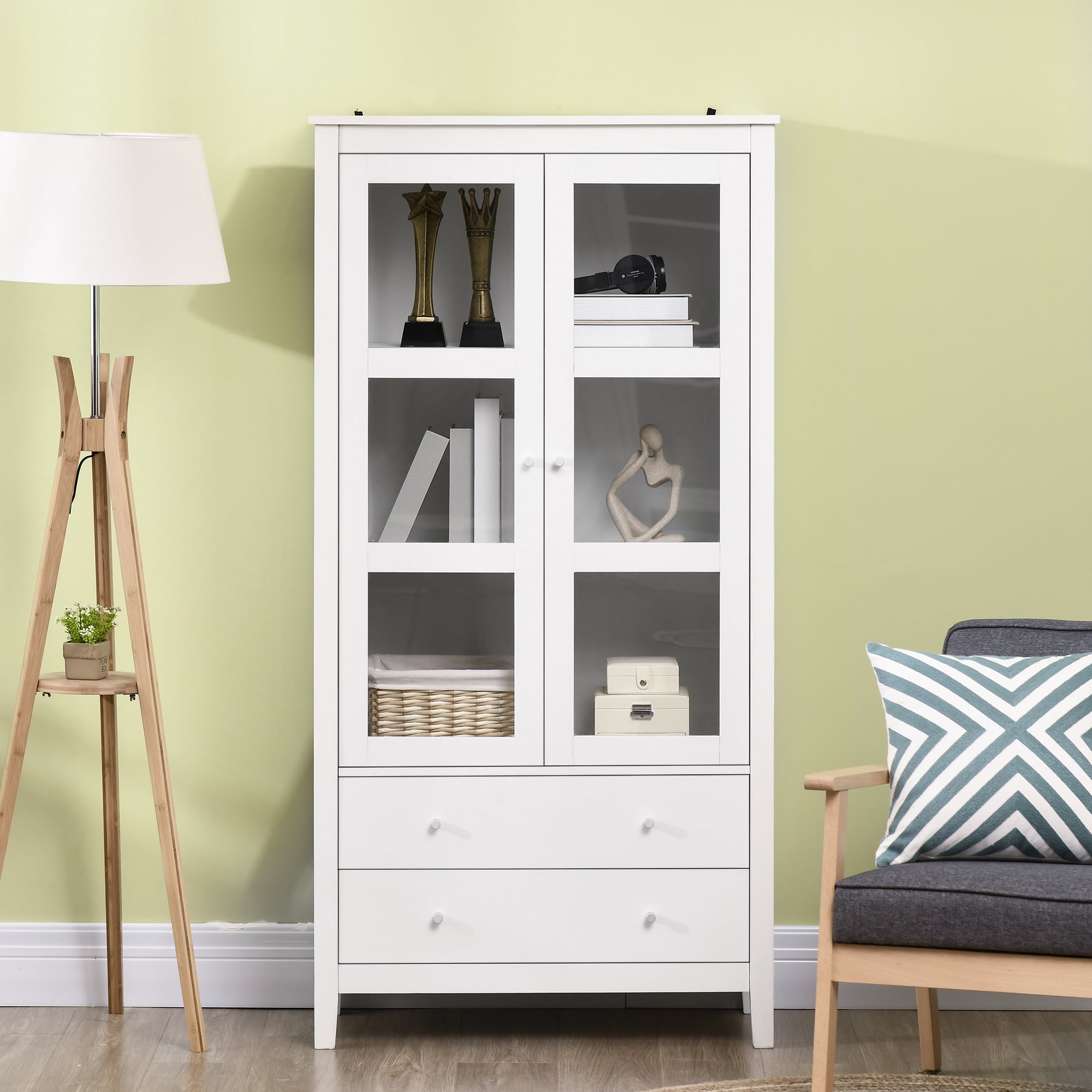 Living Room Display Cabinet Kitchen Sideboard with 2 Tempered Glass Doors 3 Shelves 2 Drawers and Soft-Close Hinges for Dining Room Office 80x40x160 cm White