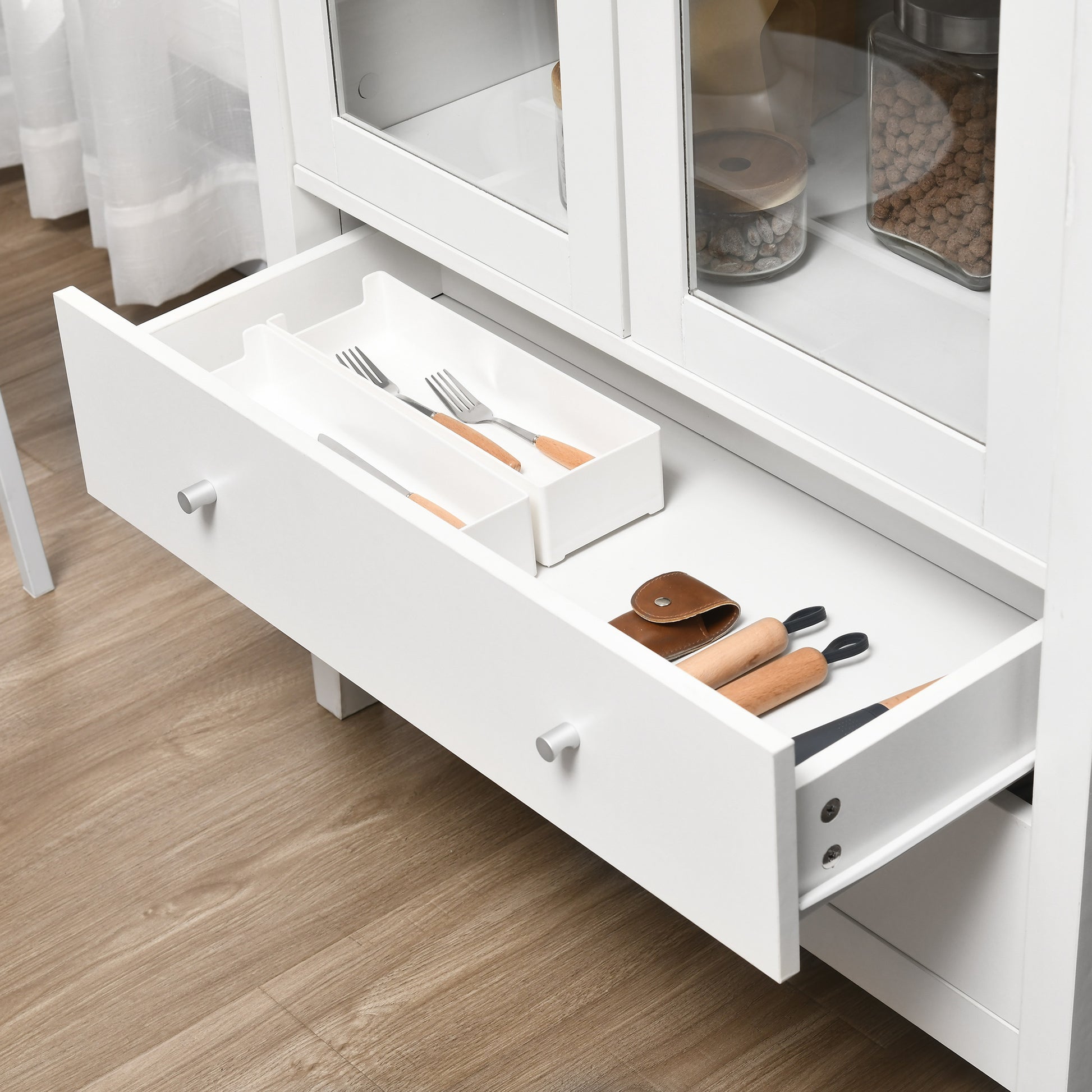 Living Room Display Cabinet Kitchen Sideboard with 2 Tempered Glass Doors 3 Shelves 2 Drawers and Soft-Close Hinges for Dining Room Office 80x40x160 cm White