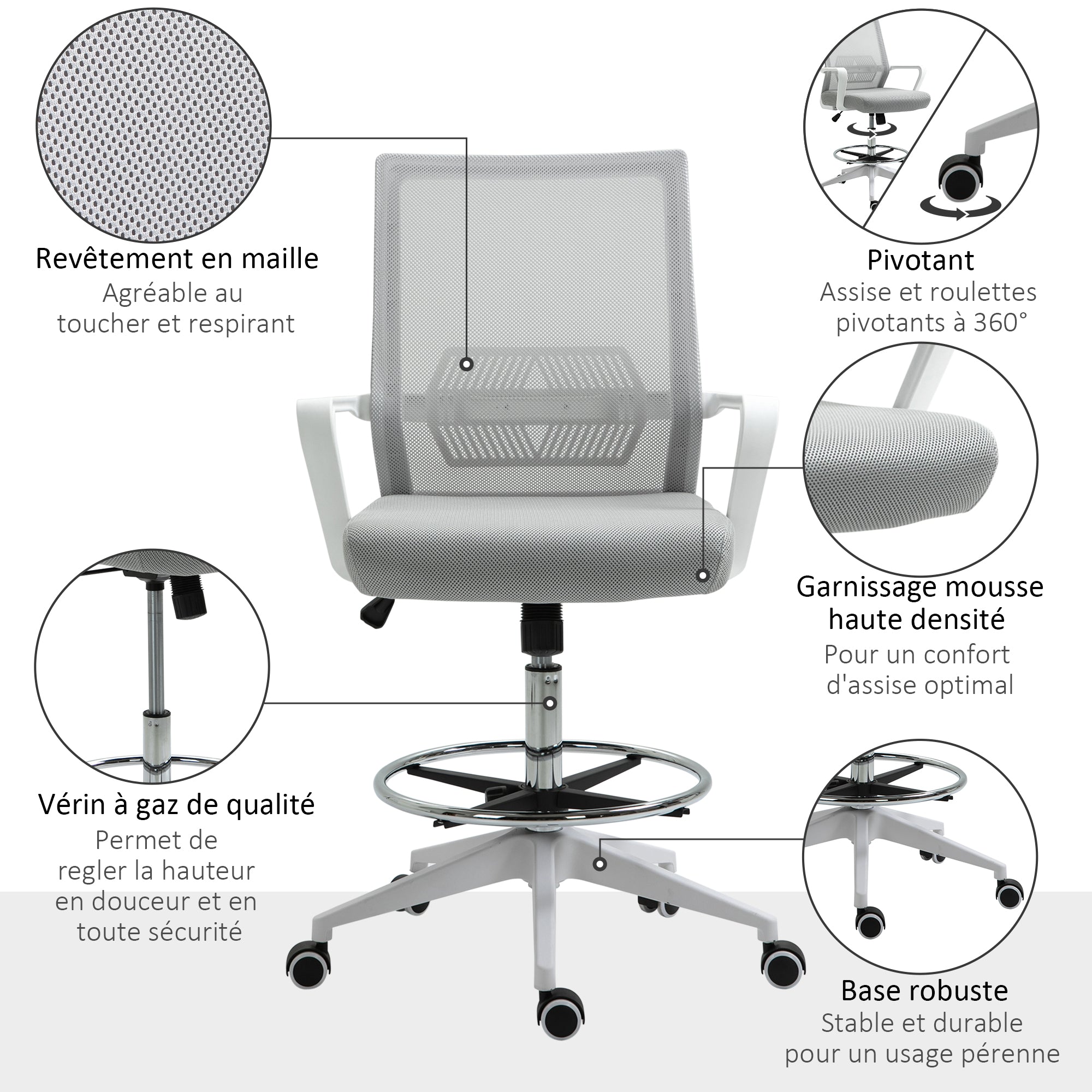 High-seat office chair adjustable high seat office chair dim. 64L x 59W x 104-124H cm swivel office stool 360° breathable mesh gray and white
