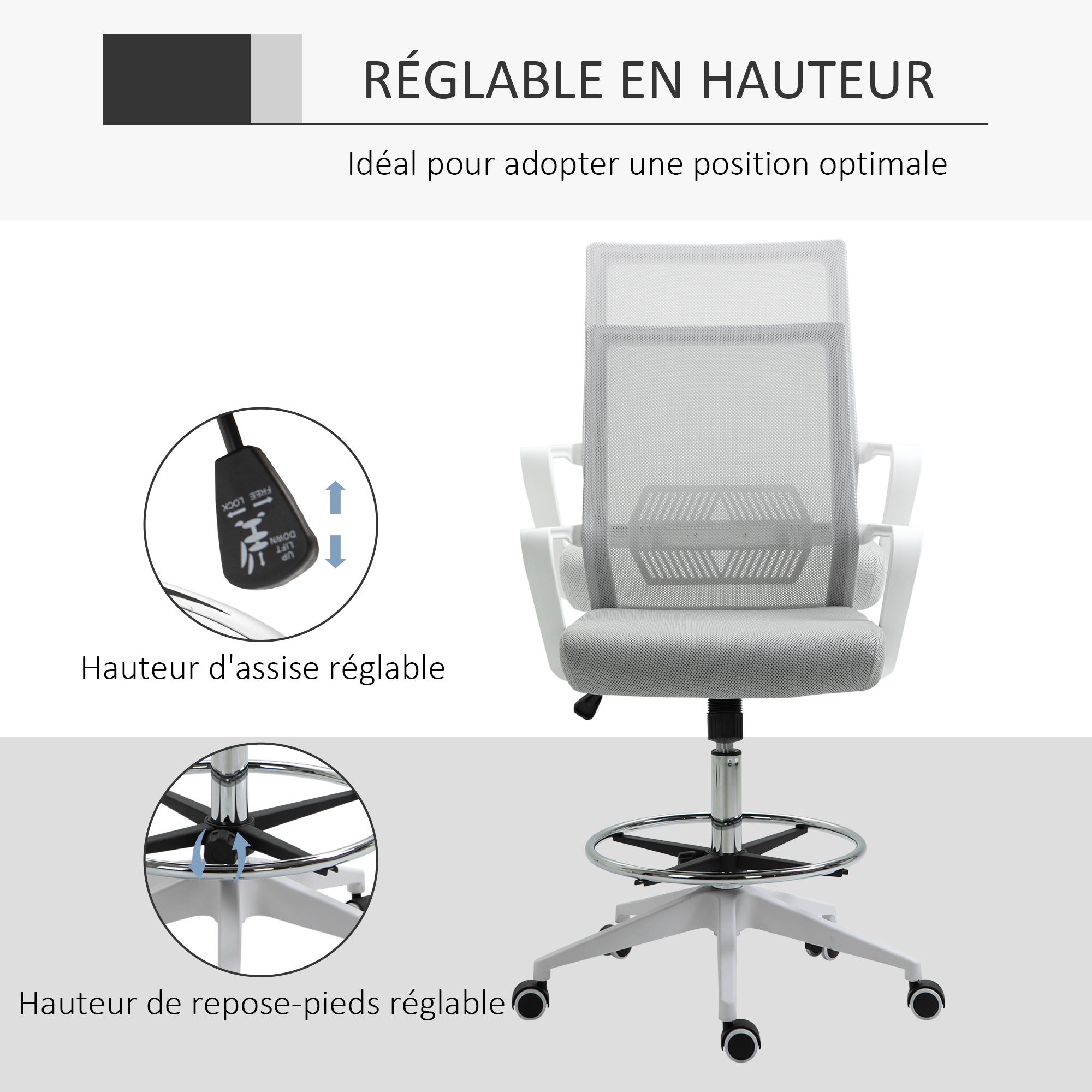 High-seat office chair adjustable high seat office chair dim. 64L x 59W x 104-124H cm swivel office stool 360° breathable mesh gray and white